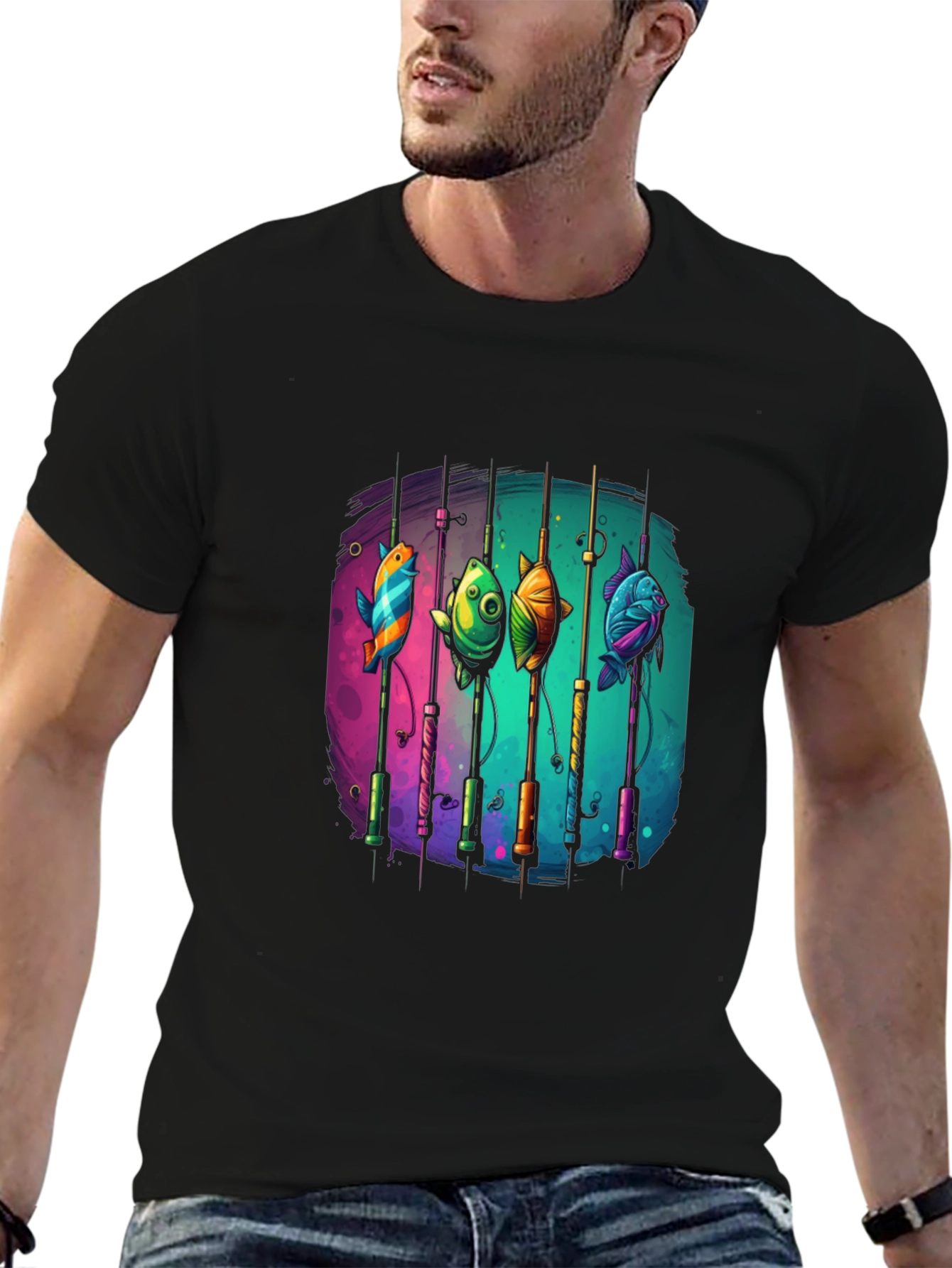 Fishing Rods & Colorful Fish Graphic T-Shirt