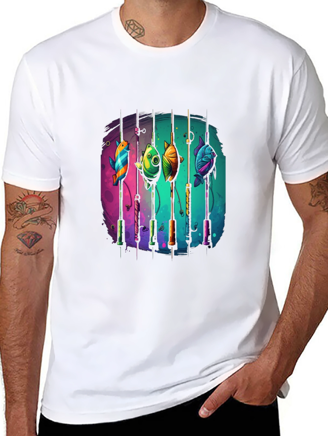 Fishing Rods & Colorful Fish Graphic T-Shirt