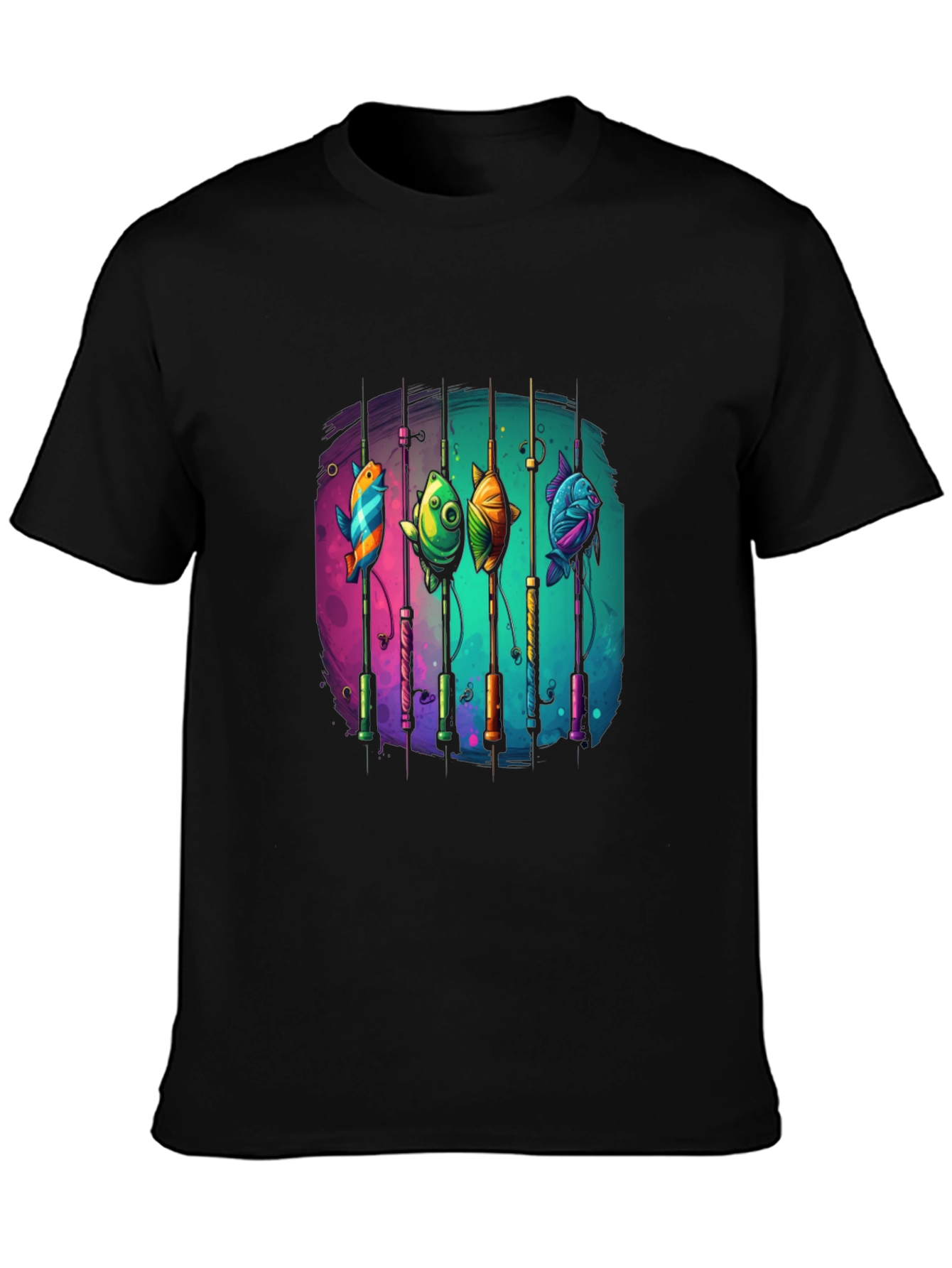 Fishing Rods & Colorful Fish Graphic T-Shirt