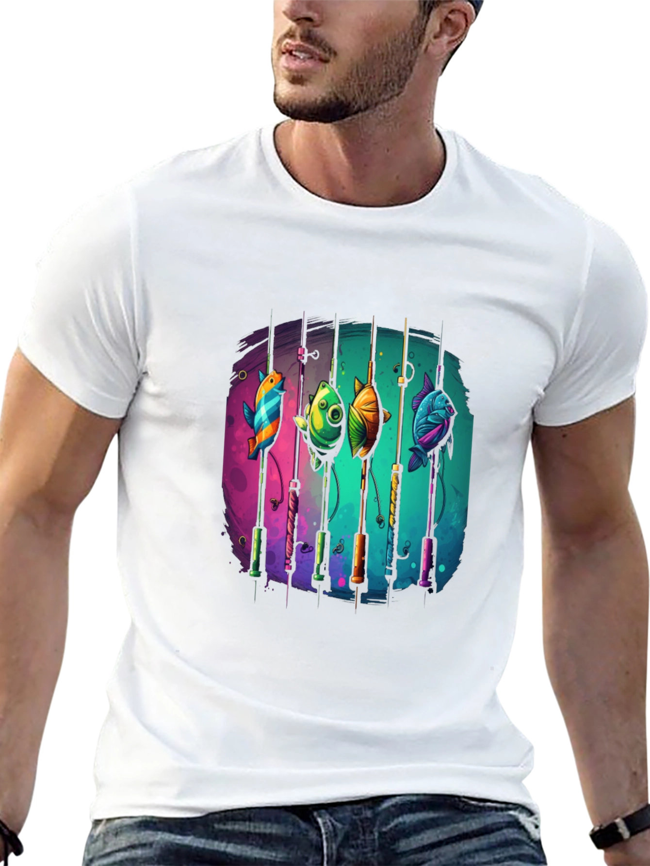 Fishing Rods & Colorful Fish Graphic T-Shirt