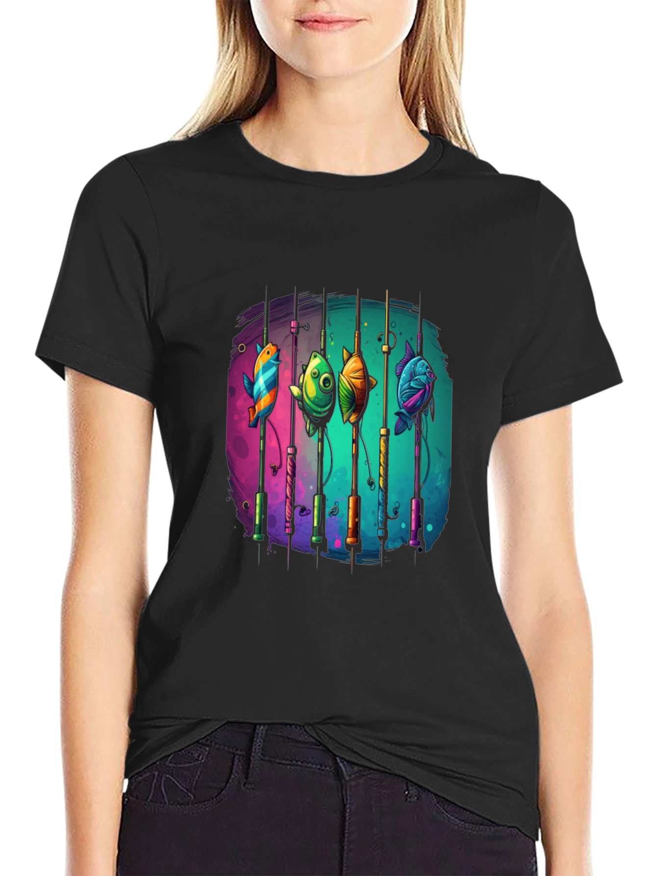 Fishing Rods & Colorful Fish Graphic T-Shirt