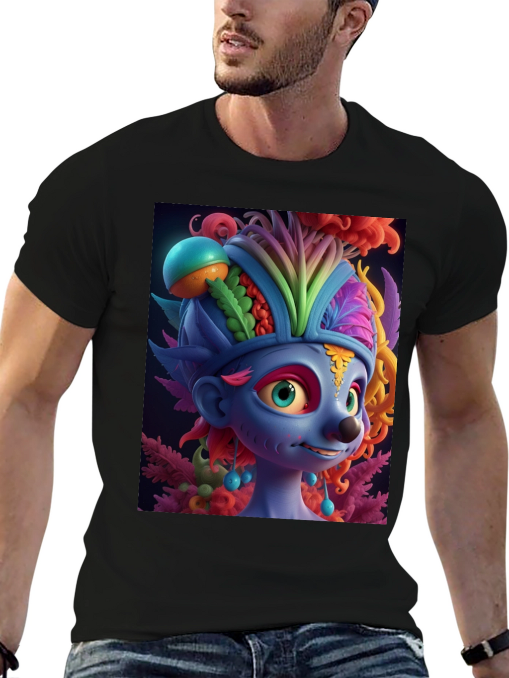 Troll Character Graphic Tee - Black Cotton Blend