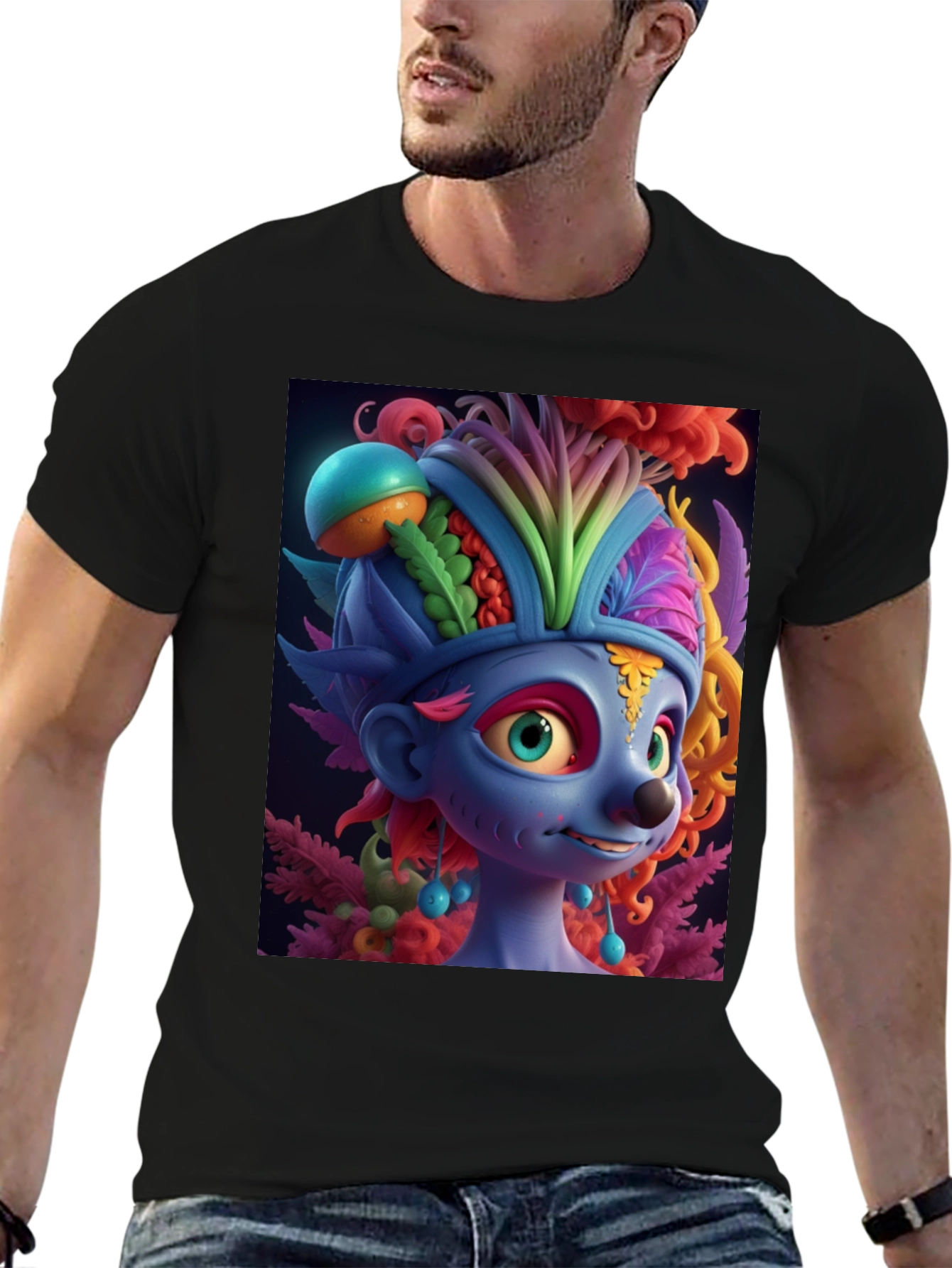 Troll Character Graphic Tee - Black Cotton Blend