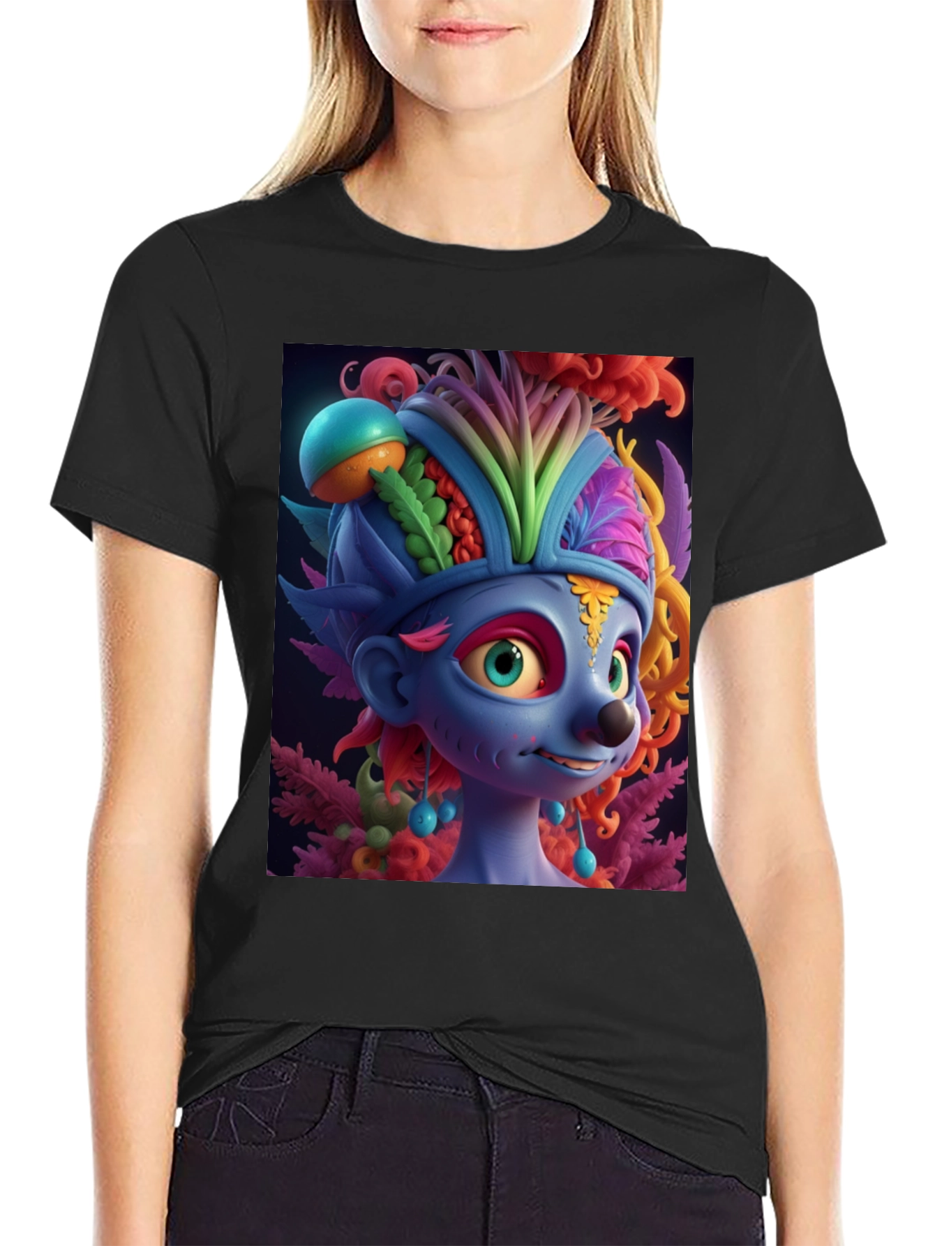 Troll Character Graphic Tee - Black Cotton Blend