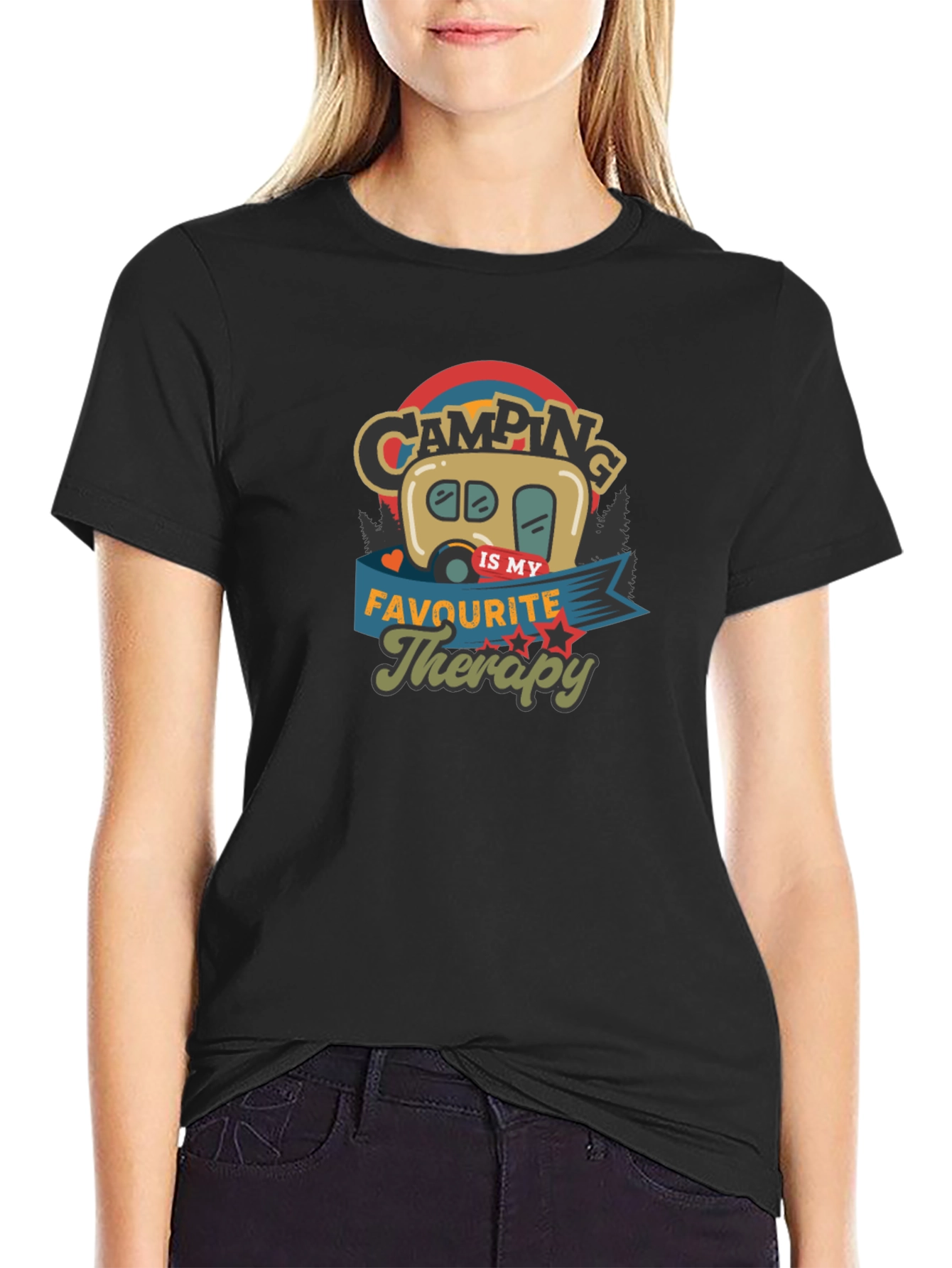 Camping is My Therapy Black Graphic T-Shirt