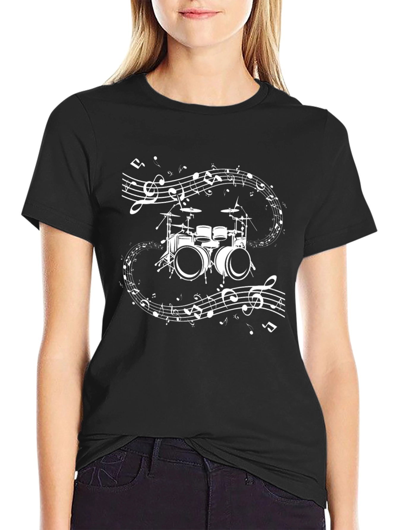 Drum Set & Music Notes Graphic T-Shirt