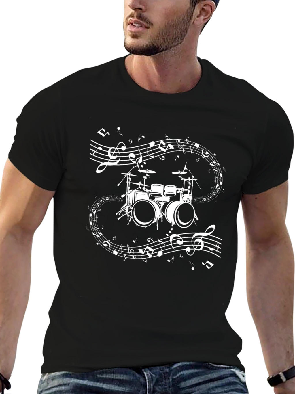 Drum Set & Music Notes Graphic T-Shirt