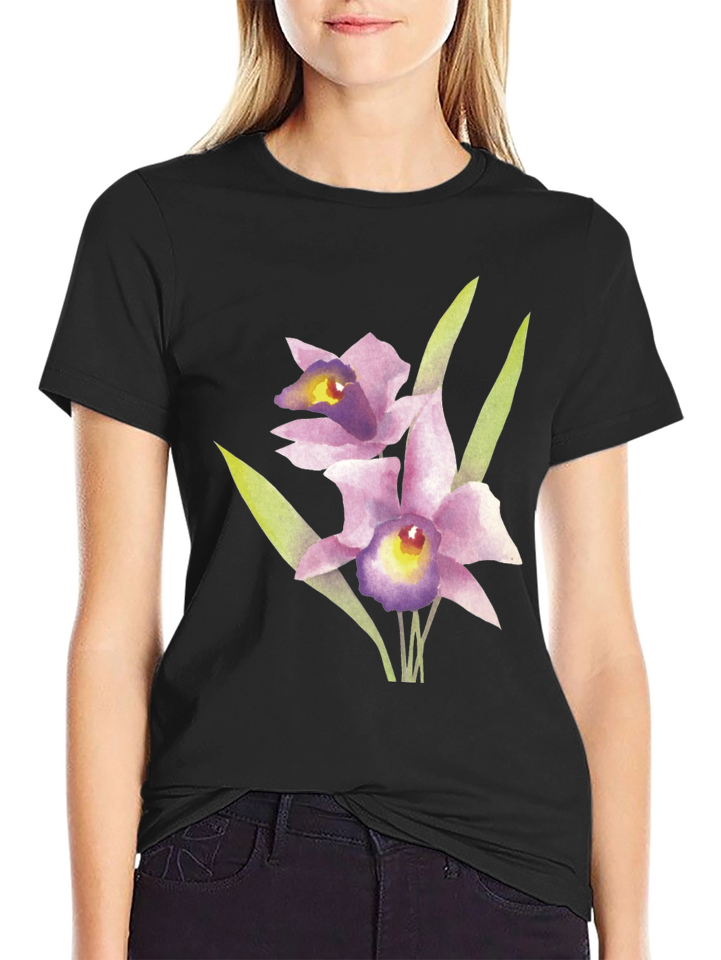 Floral Orchid Graphic Print Black T-Shirt