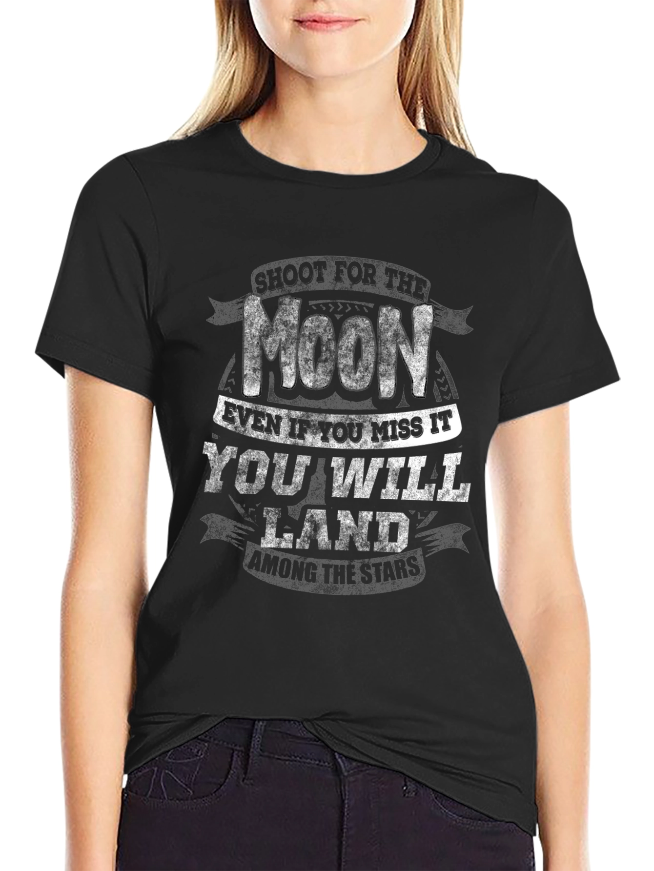 Inspirational Moon & Stars Graphic Print Black T-Shirt