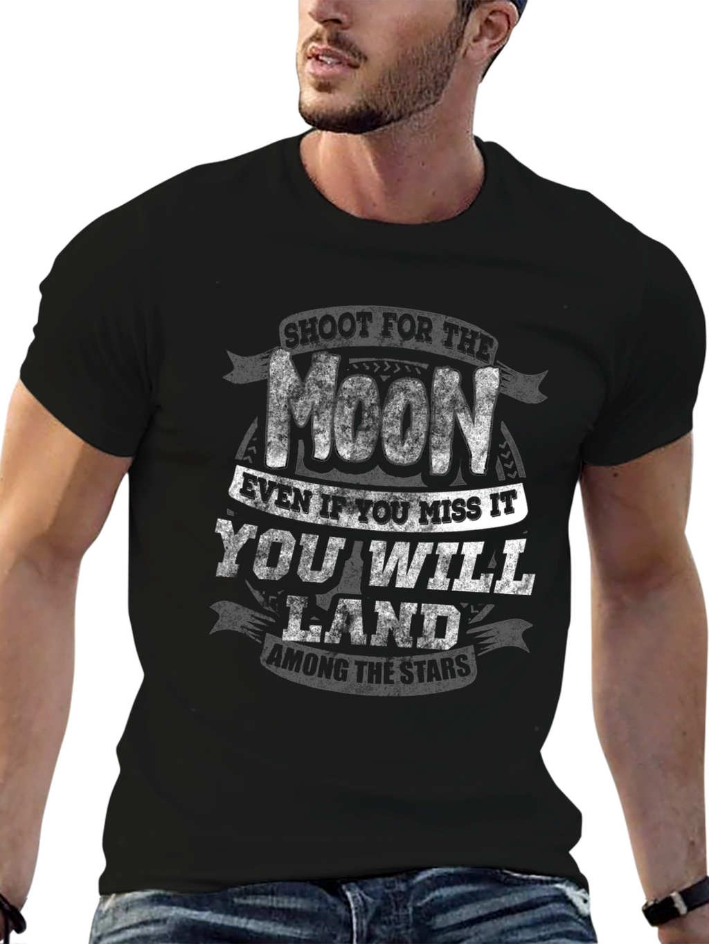 Inspirational Moon & Stars Graphic Print Black T-Shirt