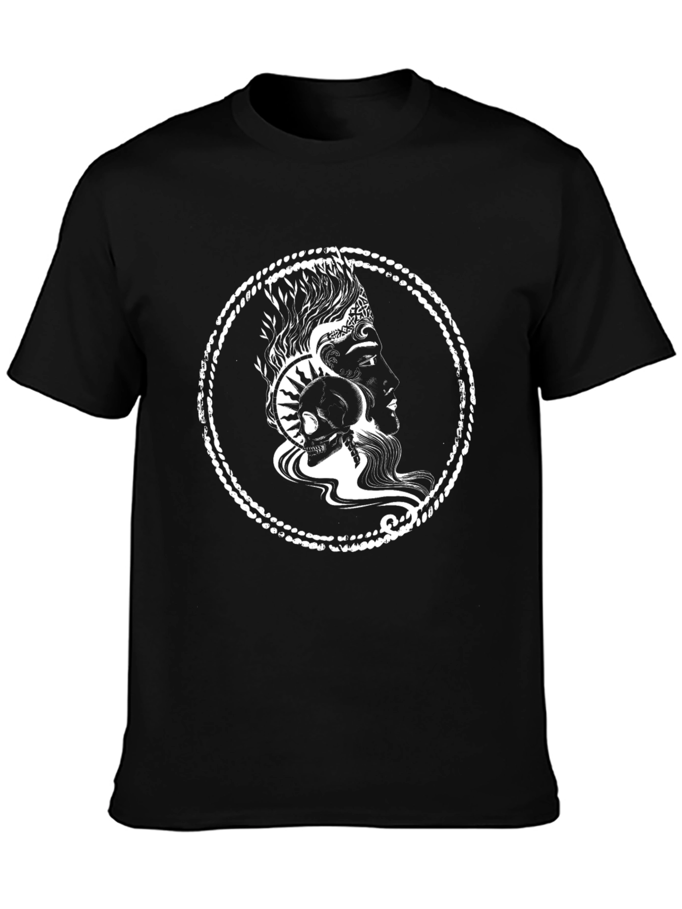 Graphic Print Black T-Shirt with Skull and Profile Design