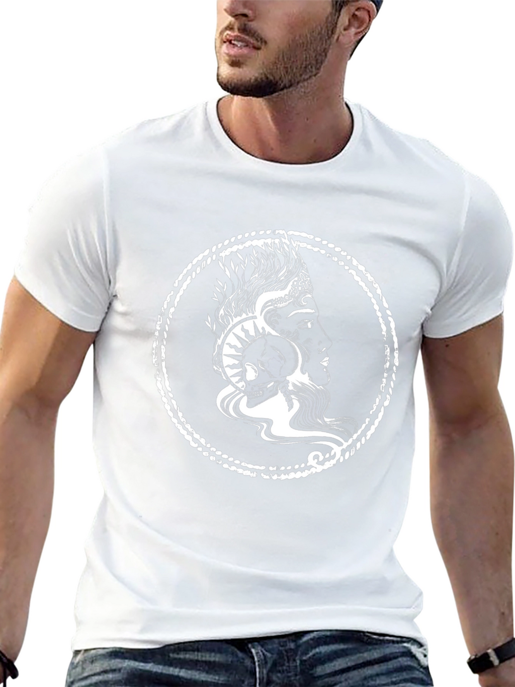 Graphic Print Black T-Shirt with Skull and Profile Design