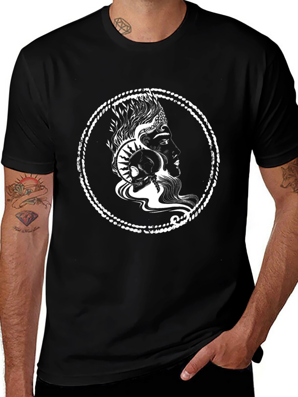 Graphic Print Black T-Shirt with Skull and Profile Design