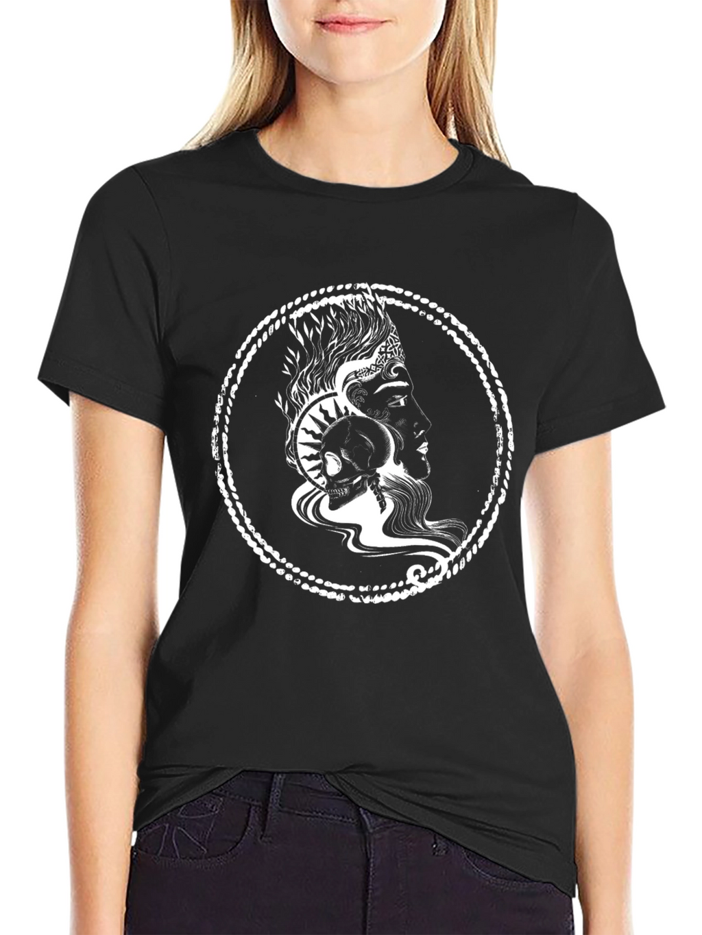 Graphic Print Black T-Shirt with Skull and Profile Design