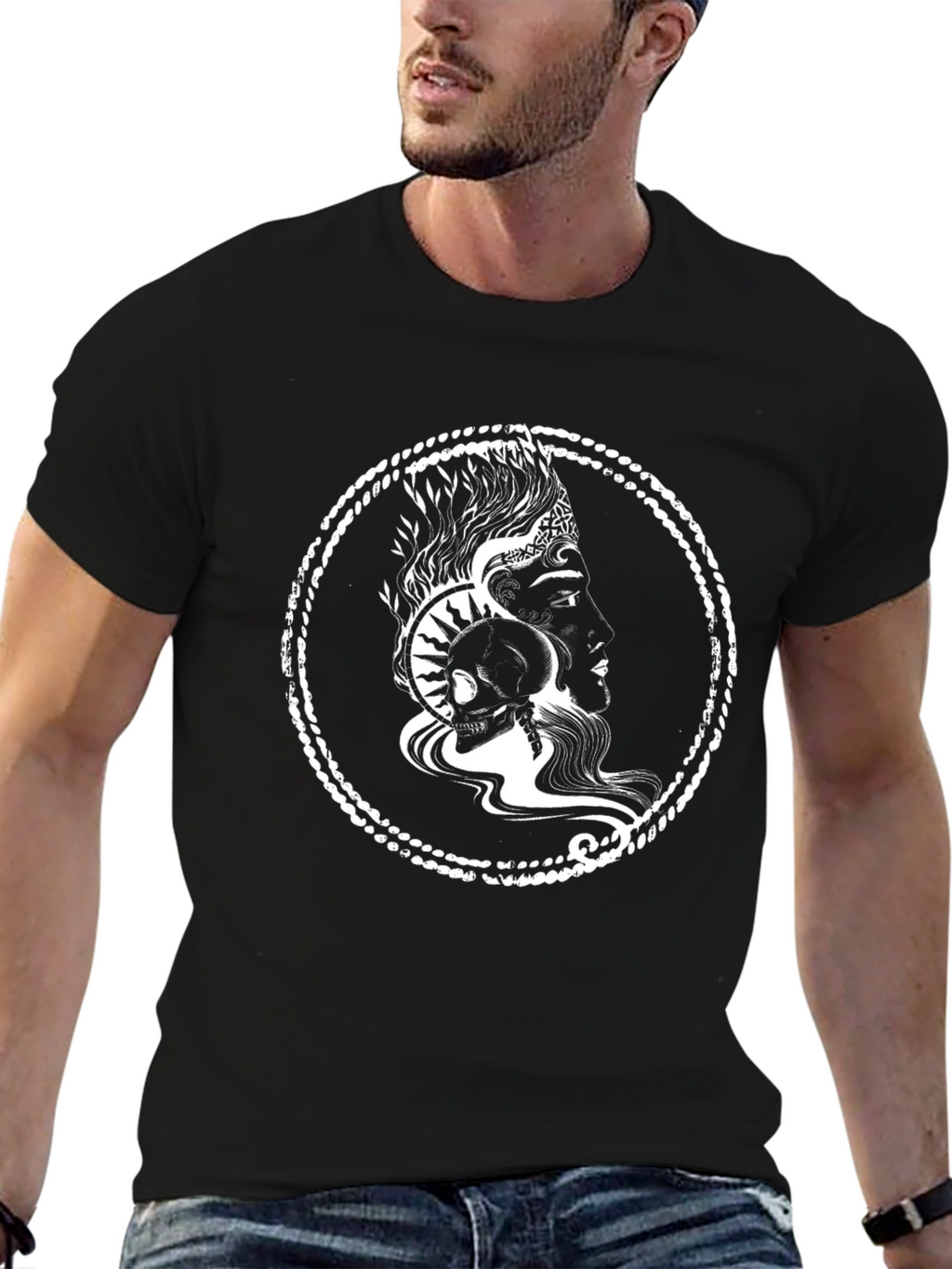 Graphic Print Black T-Shirt with Skull and Profile Design
