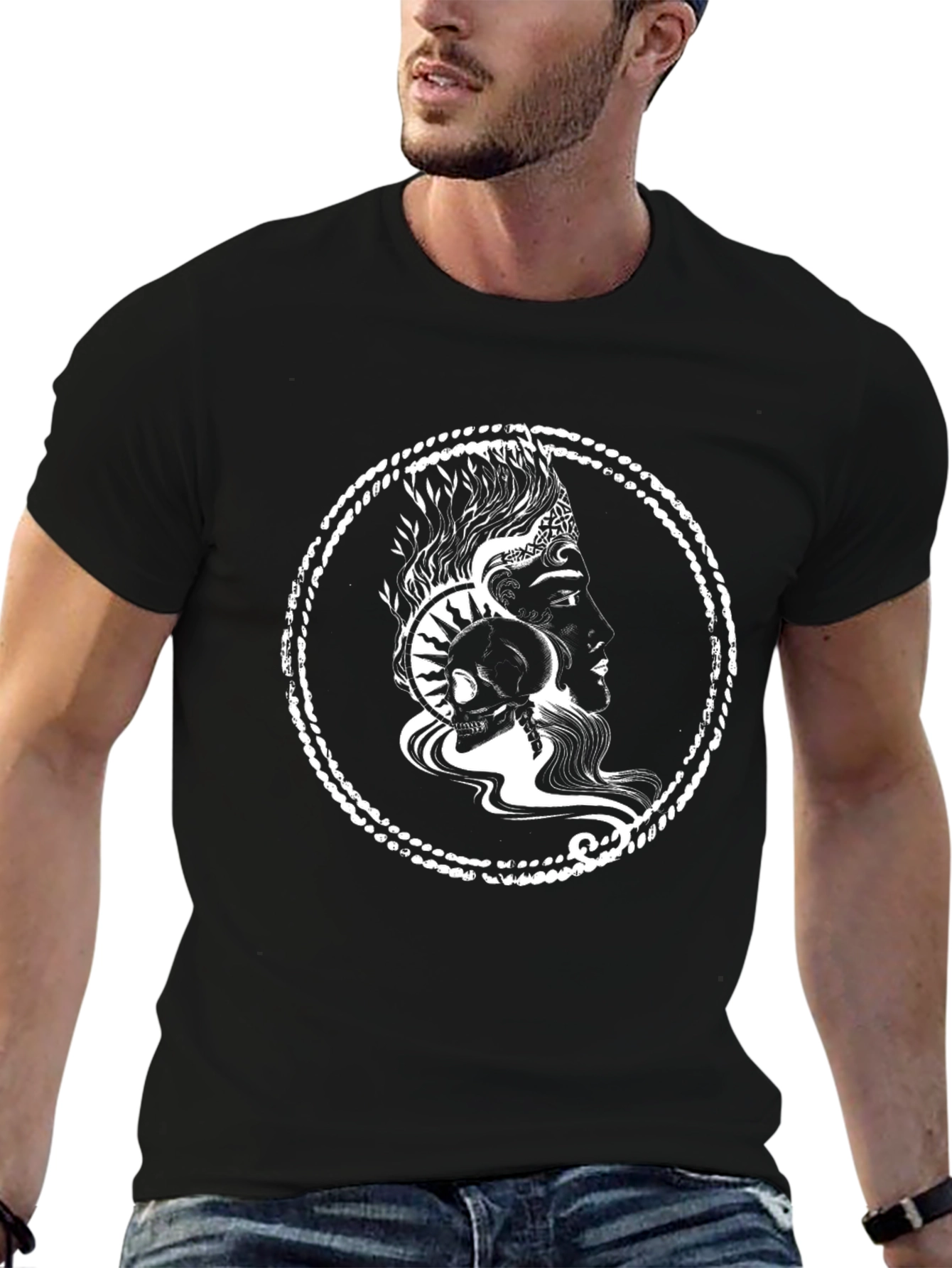 Graphic Print Black T-Shirt with Skull and Profile Design