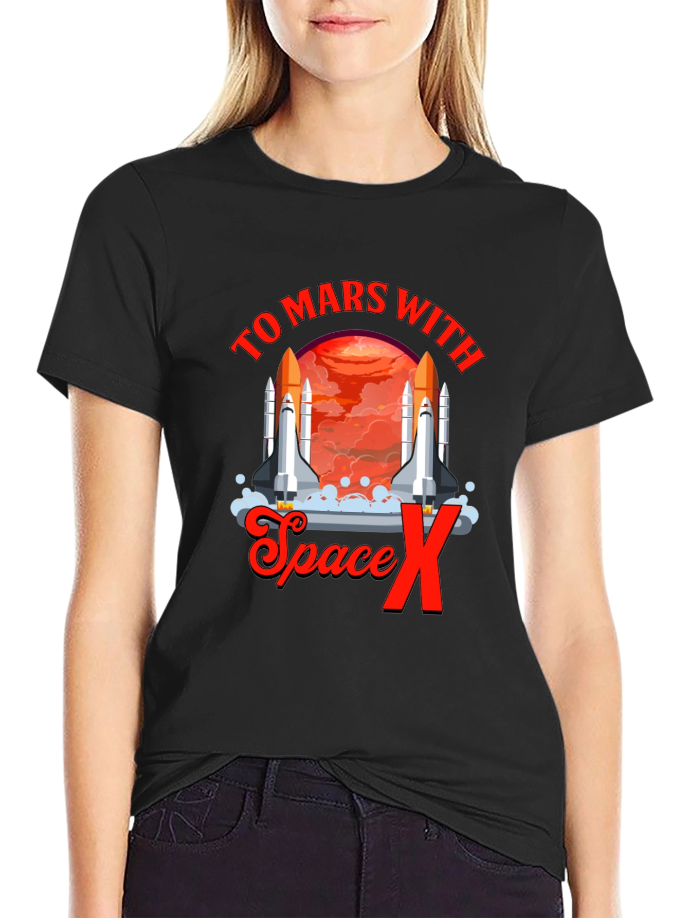 To Mars with Space X T-Shirt Black Novelty Graphic Tee