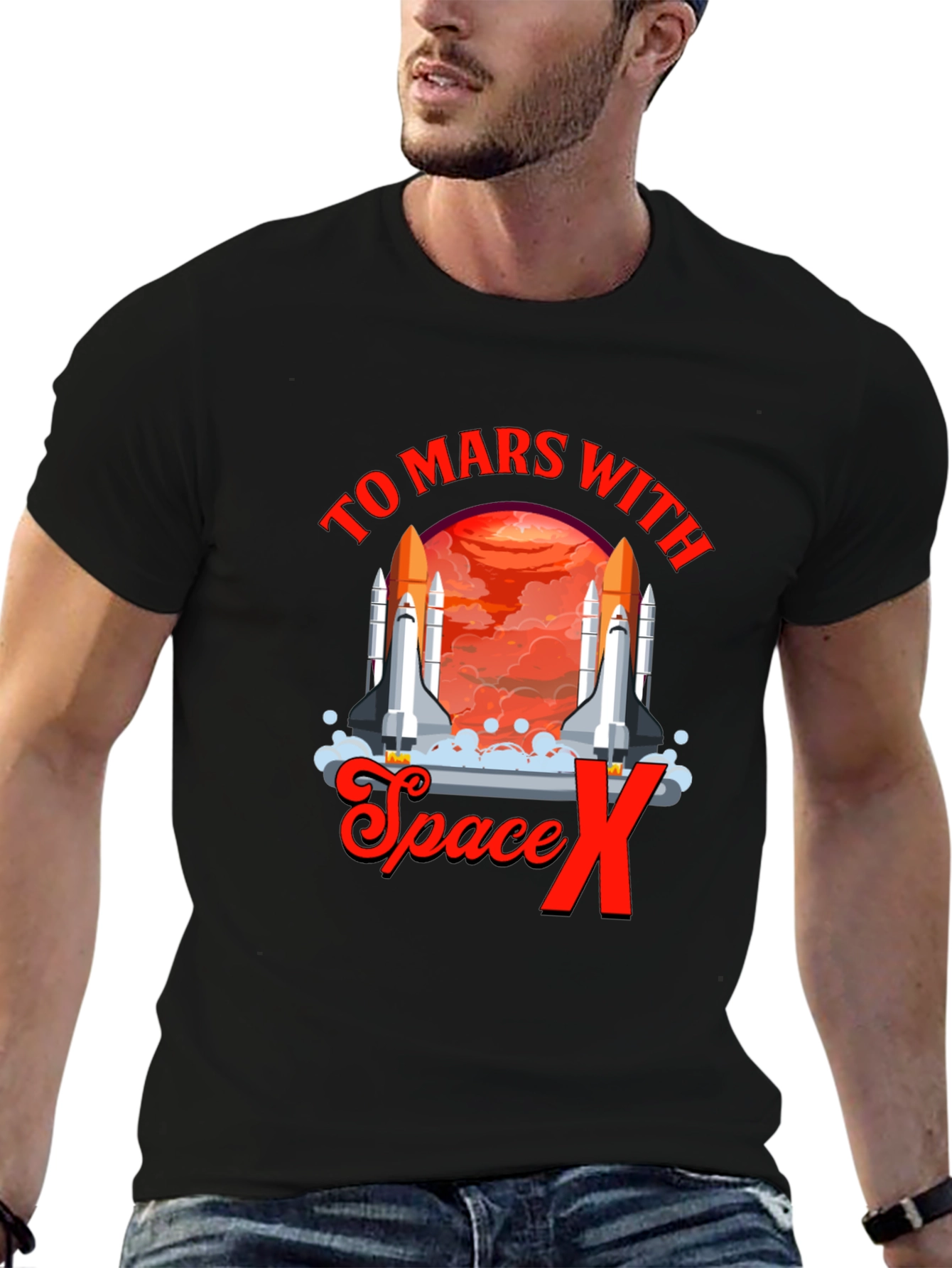 To Mars with Space X T-Shirt Black Novelty Graphic Tee