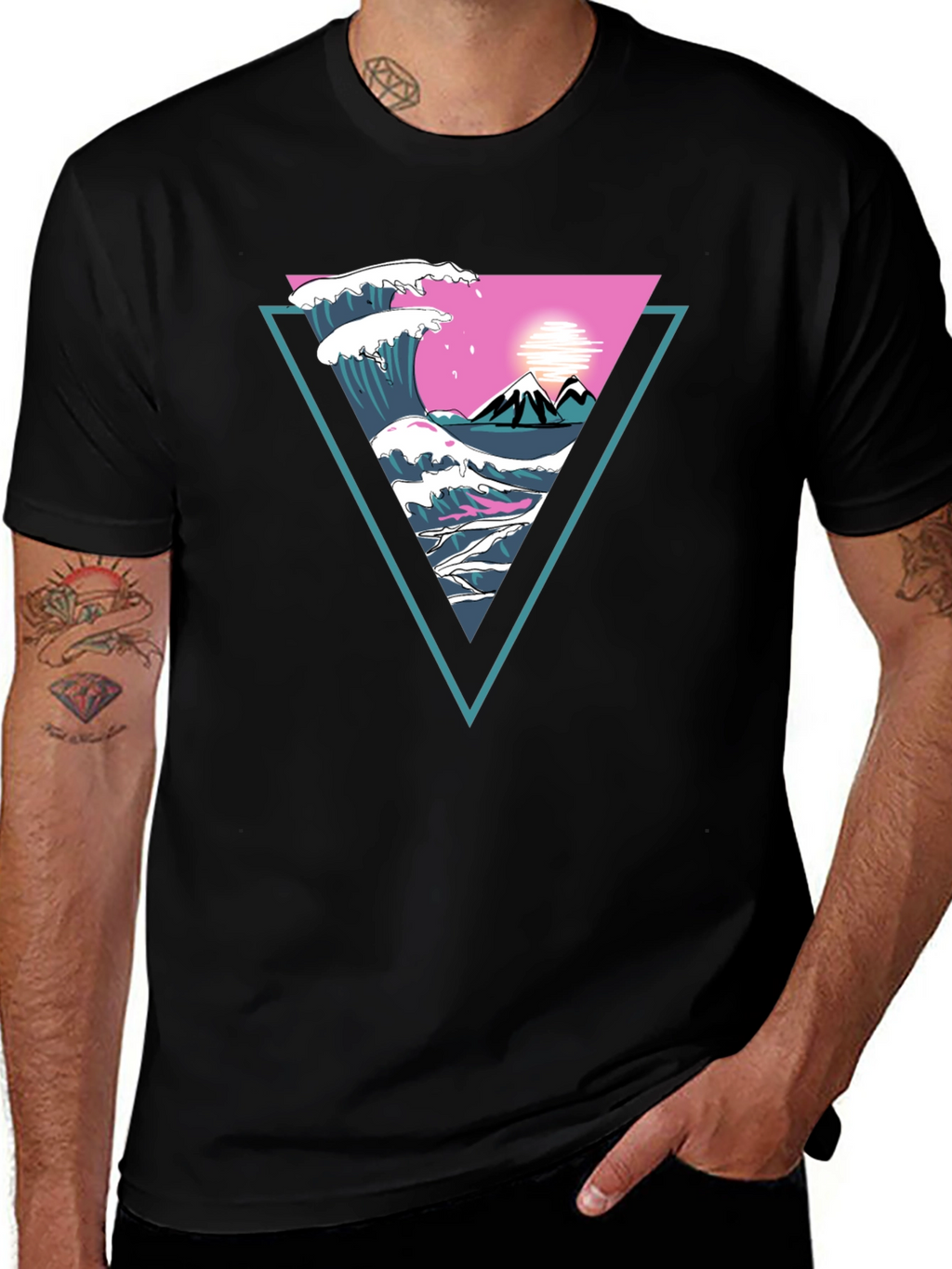 Triangle Wave Graphic Tee - Black Cotton T-Shirt