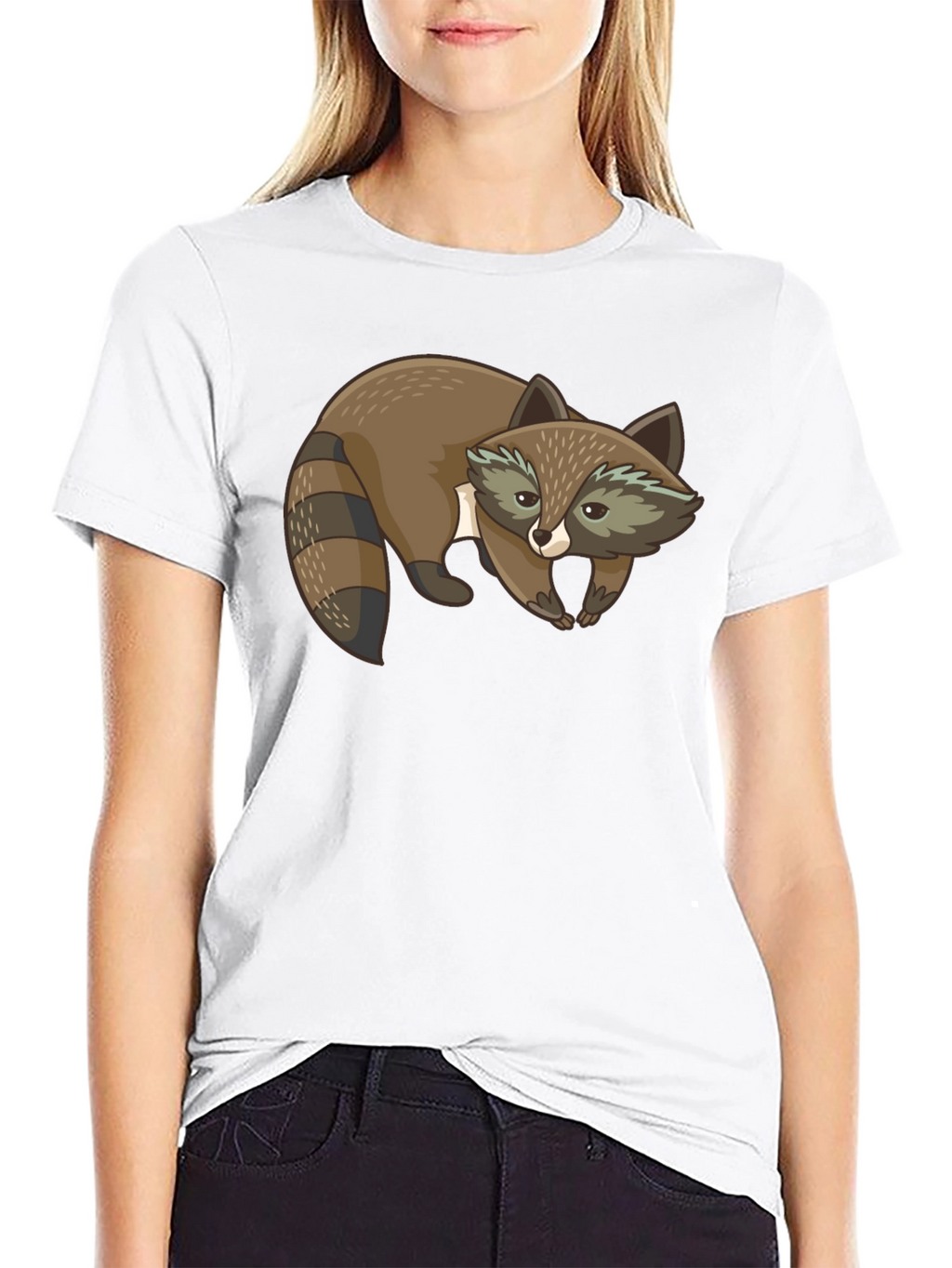 Cute Raccoon Graphic Print Black T-Shirt