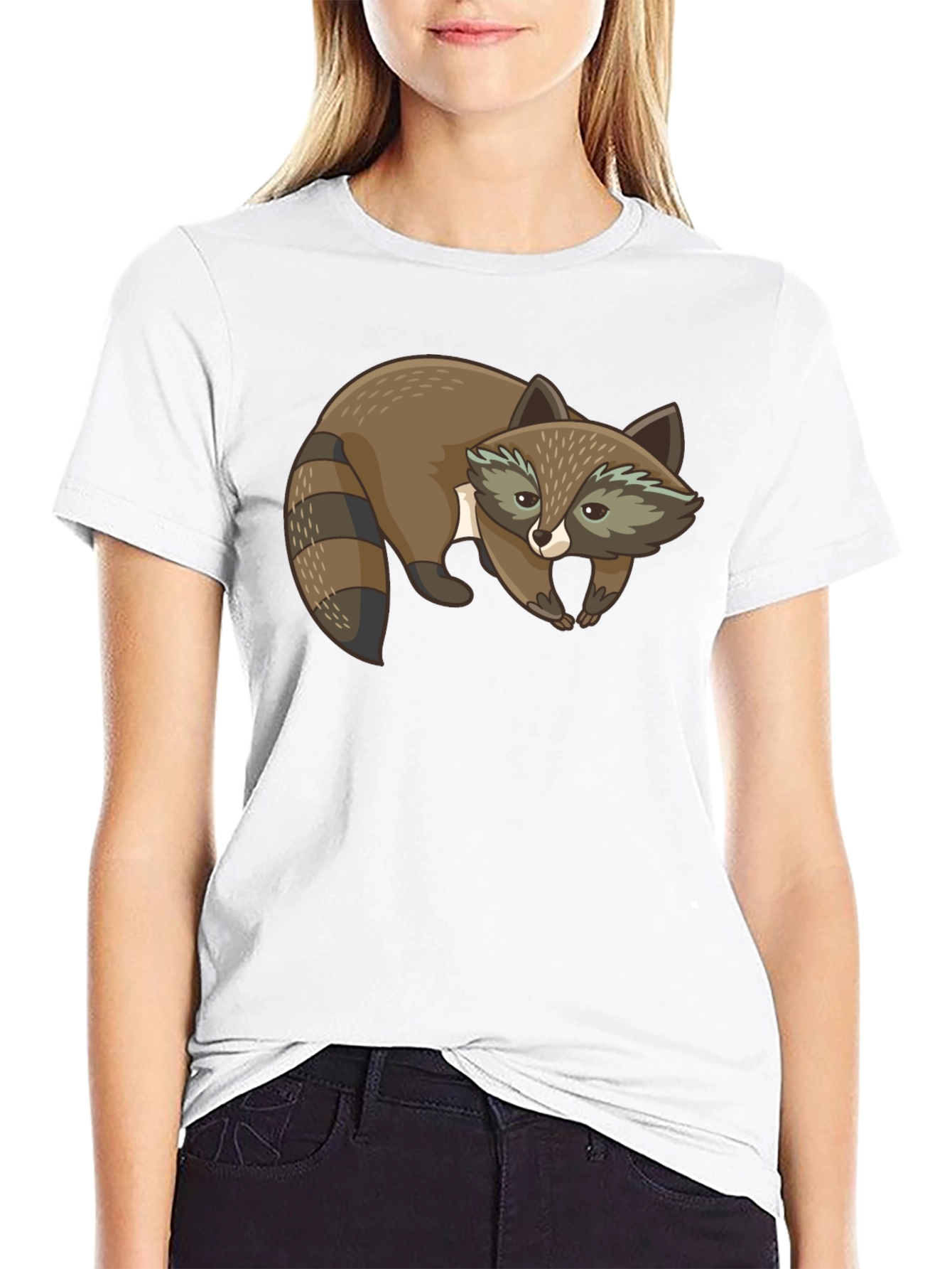 Cute Raccoon Graphic Print Black T-Shirt