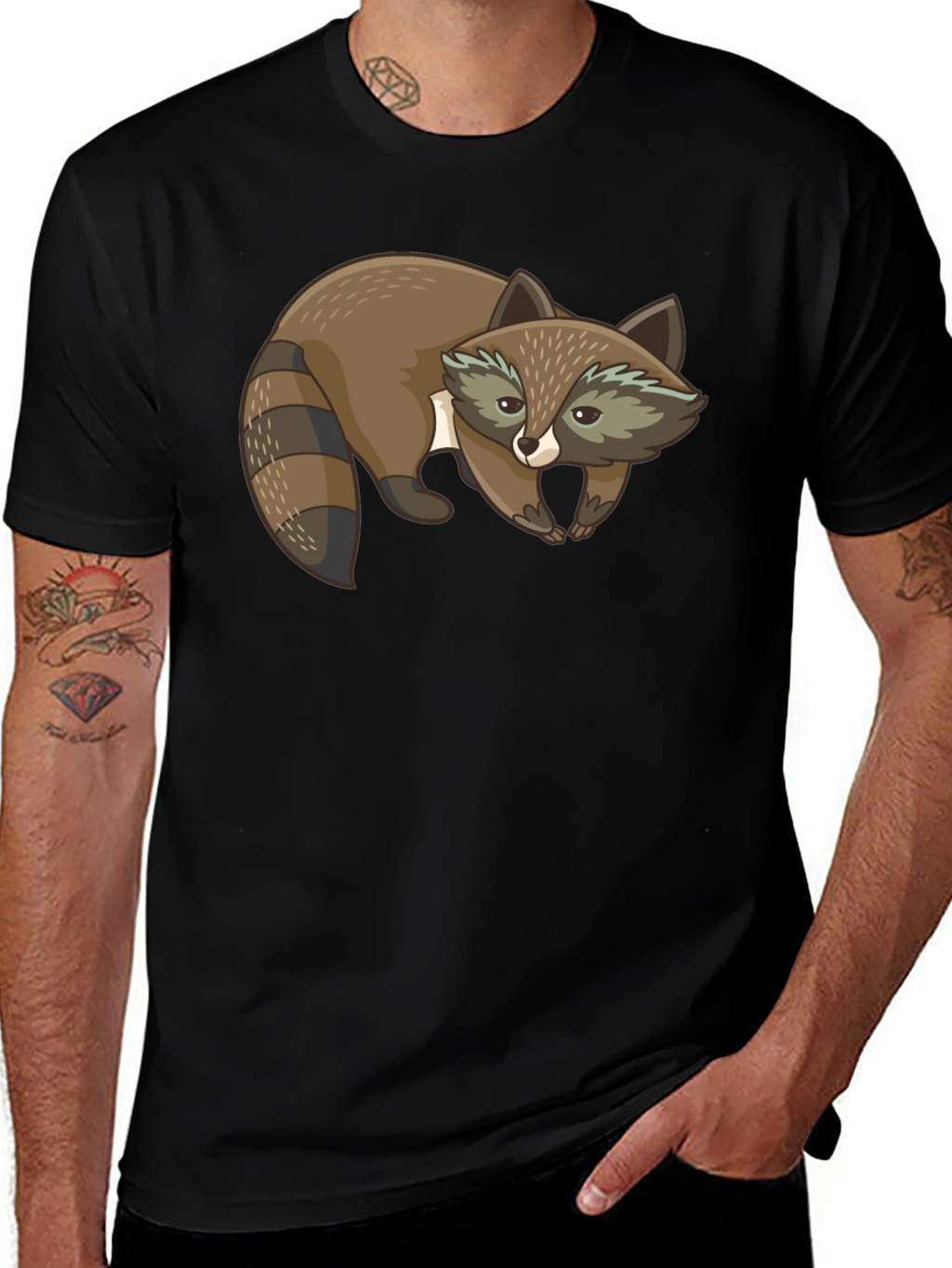 Cute Raccoon Graphic Print Black T-Shirt