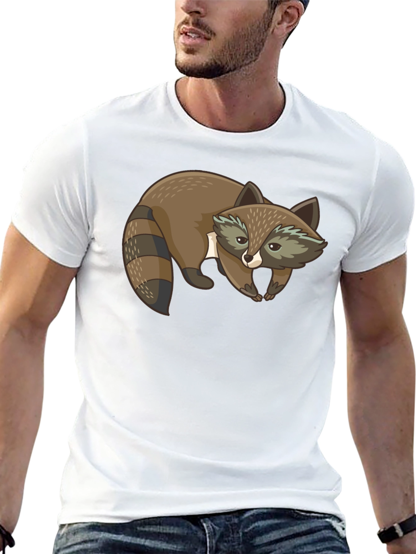 Cute Raccoon Graphic Print Black T-Shirt