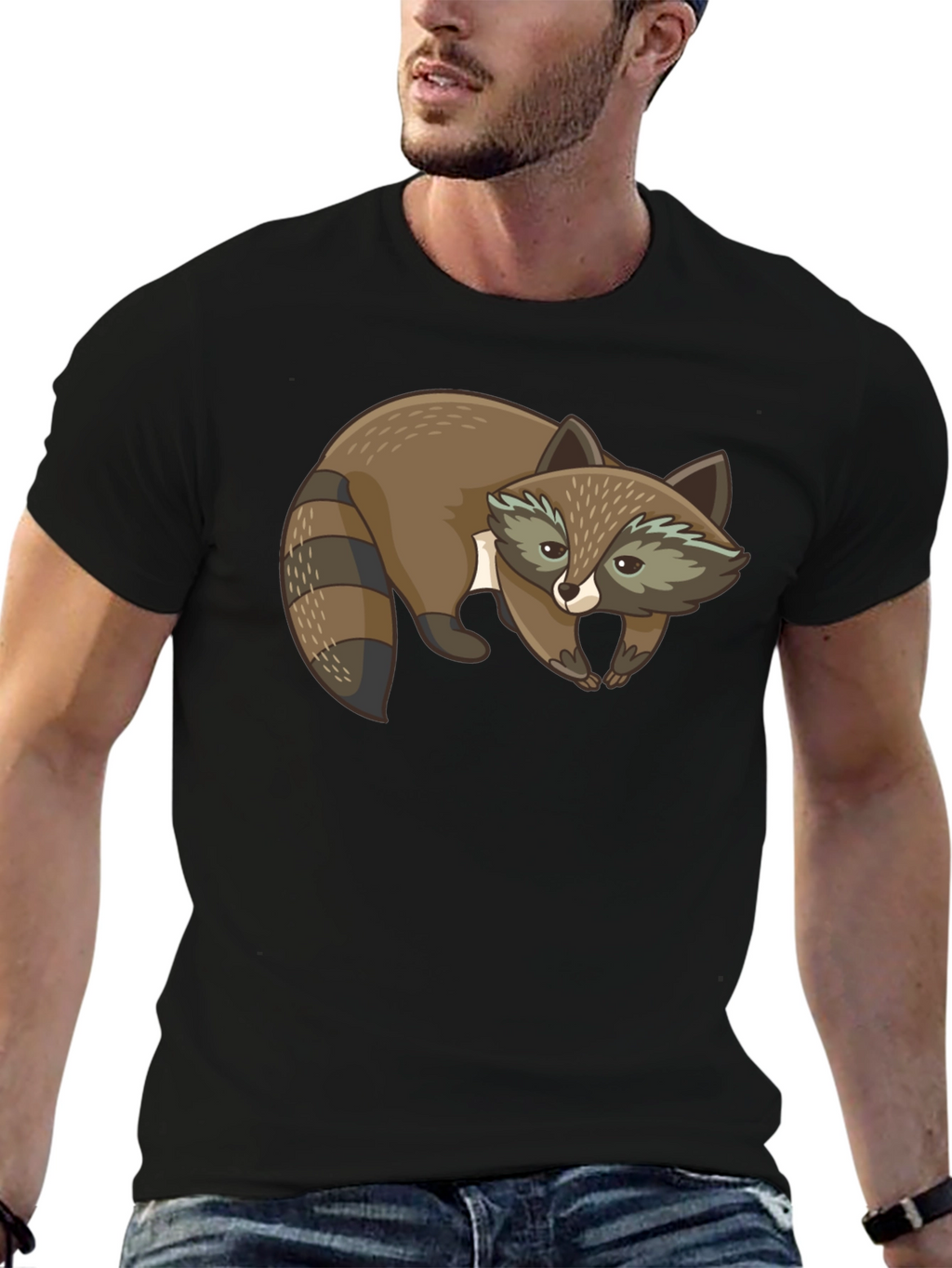 Cute Raccoon Graphic Print Black T-Shirt