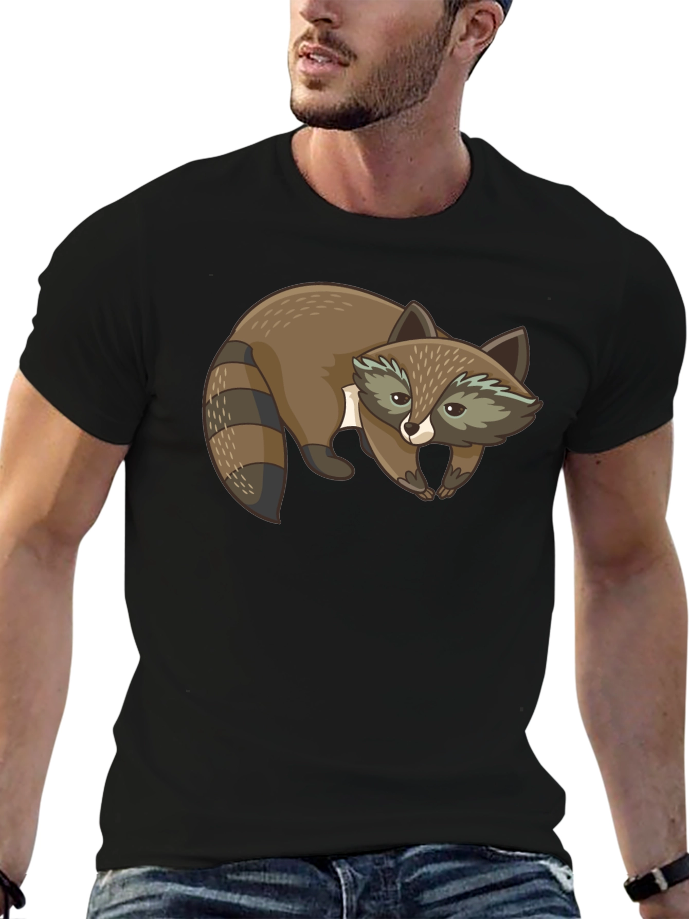 Cute Raccoon Graphic Print Black T-Shirt