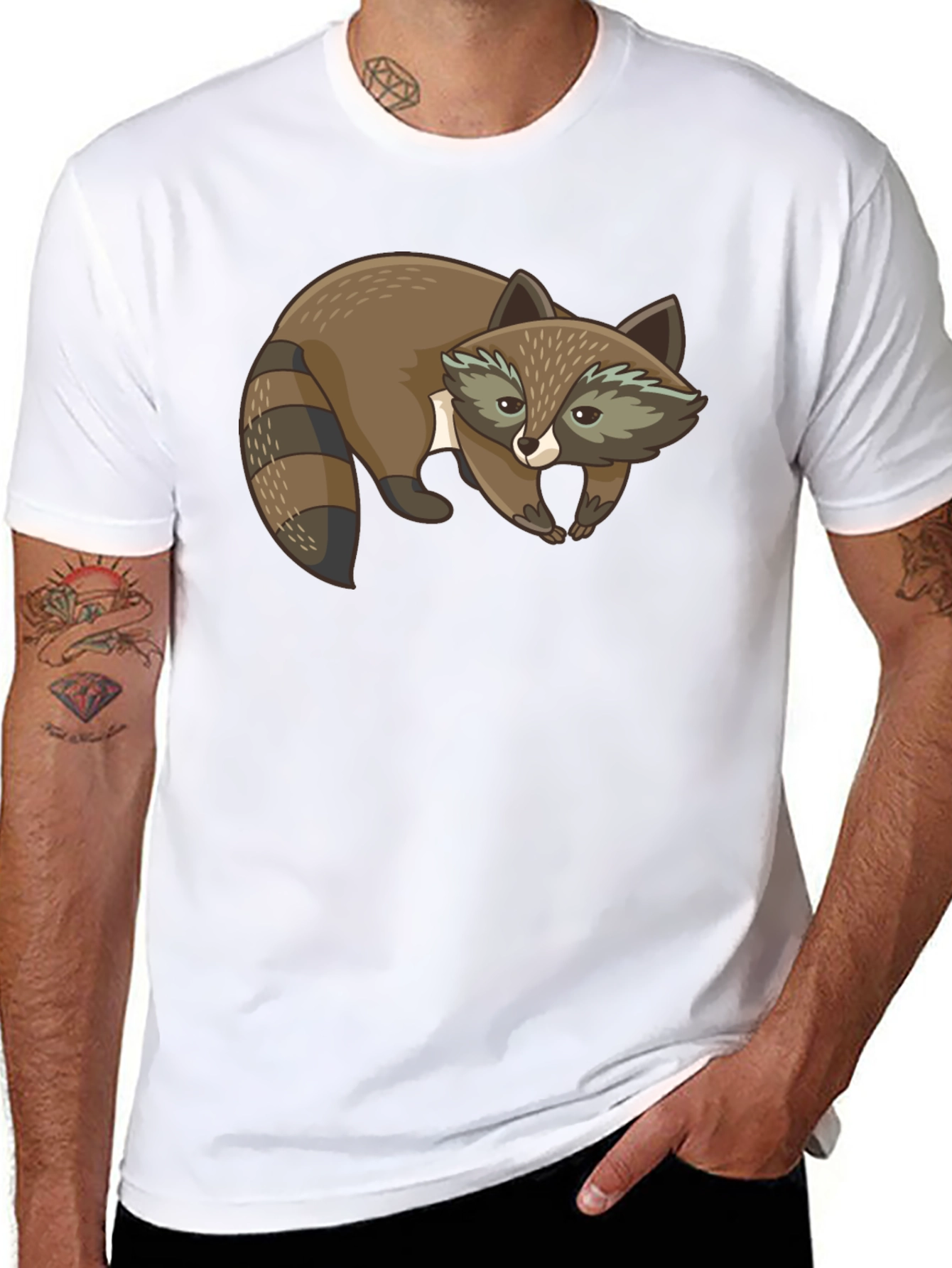 Cute Raccoon Graphic Print Black T-Shirt