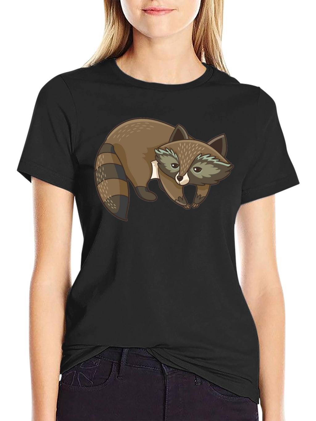 Cute Raccoon Graphic Print Black T-Shirt