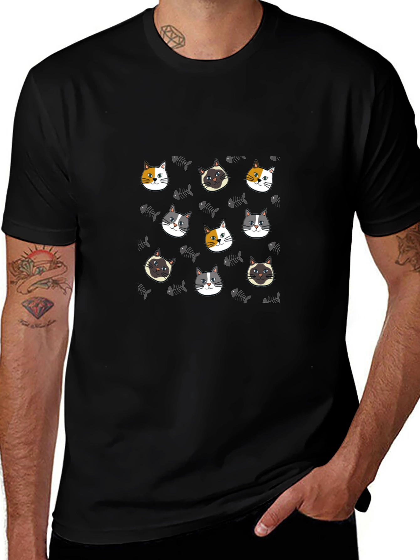Cute Cat Faces Pattern Black T-Shirt