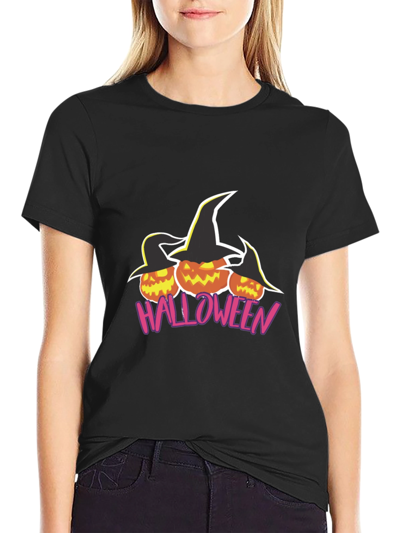 Halloween Pumpkin Witch Hat Black T-Shirt