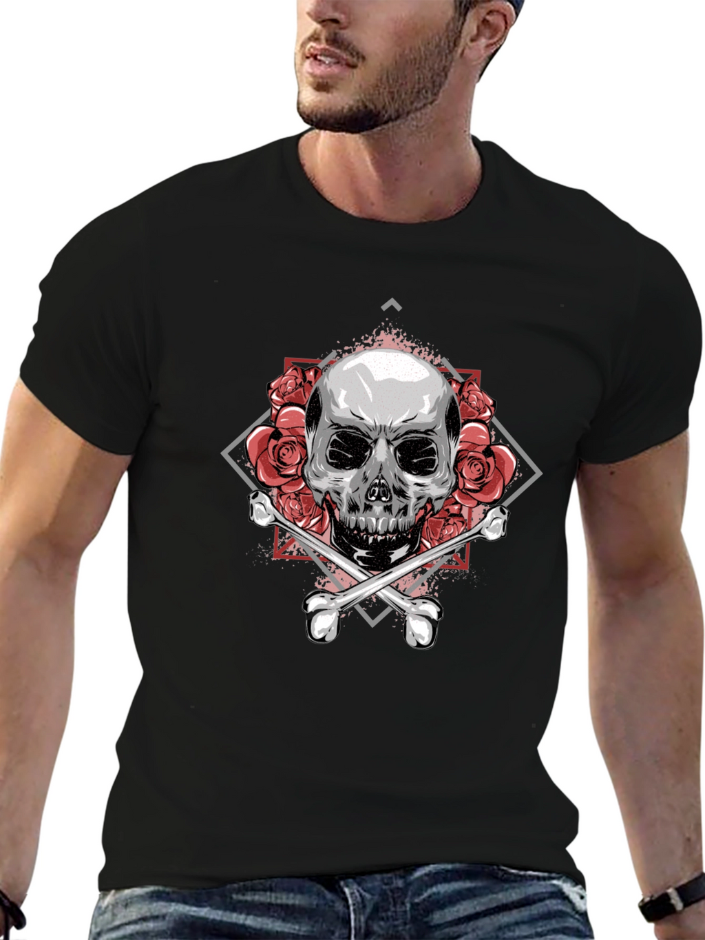 Skull & Roses Graphic Tee - Stylish Black T-Shirt