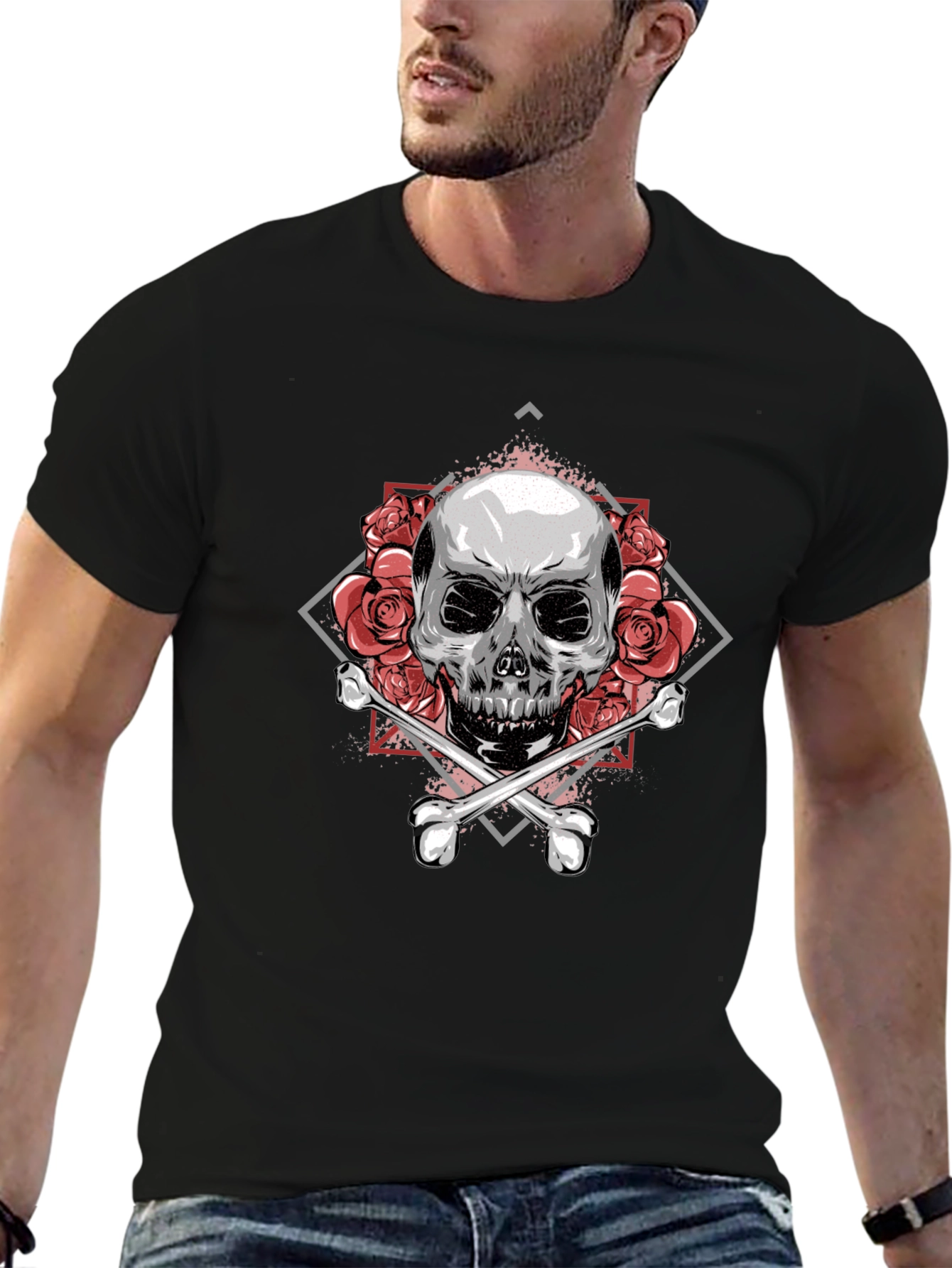 Skull & Roses Graphic Tee - Stylish Black T-Shirt