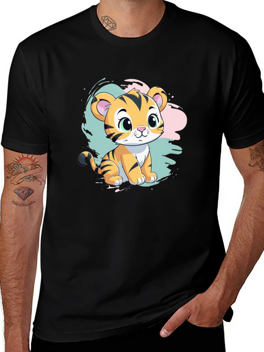 Cute Tiger Cub Graphic T-Shirt - Black