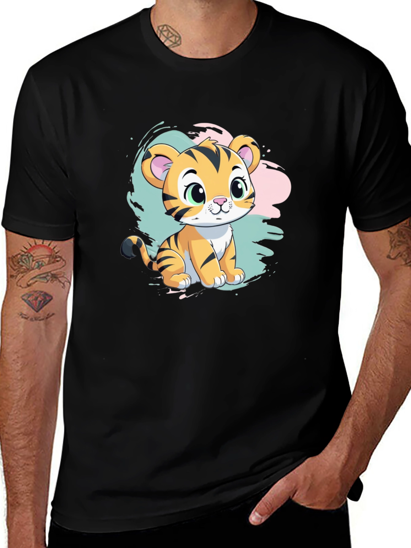 Cute Tiger Cub Graphic T-Shirt - Black