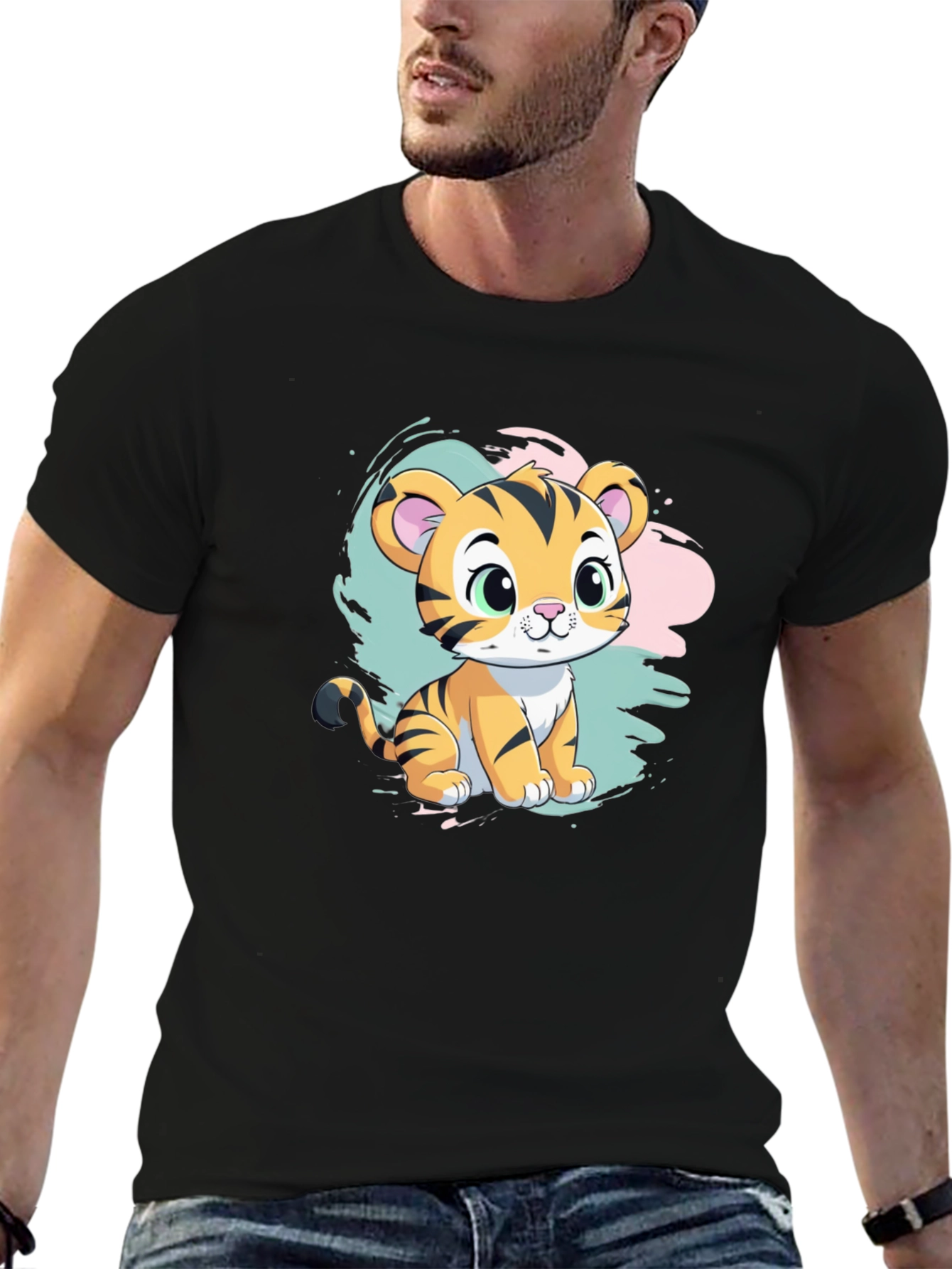 Cute Tiger Cub Graphic T-Shirt - Black