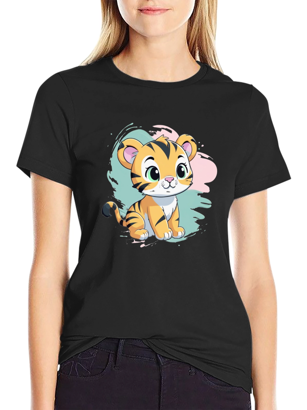 Cute Tiger Cub Graphic T-Shirt - Black