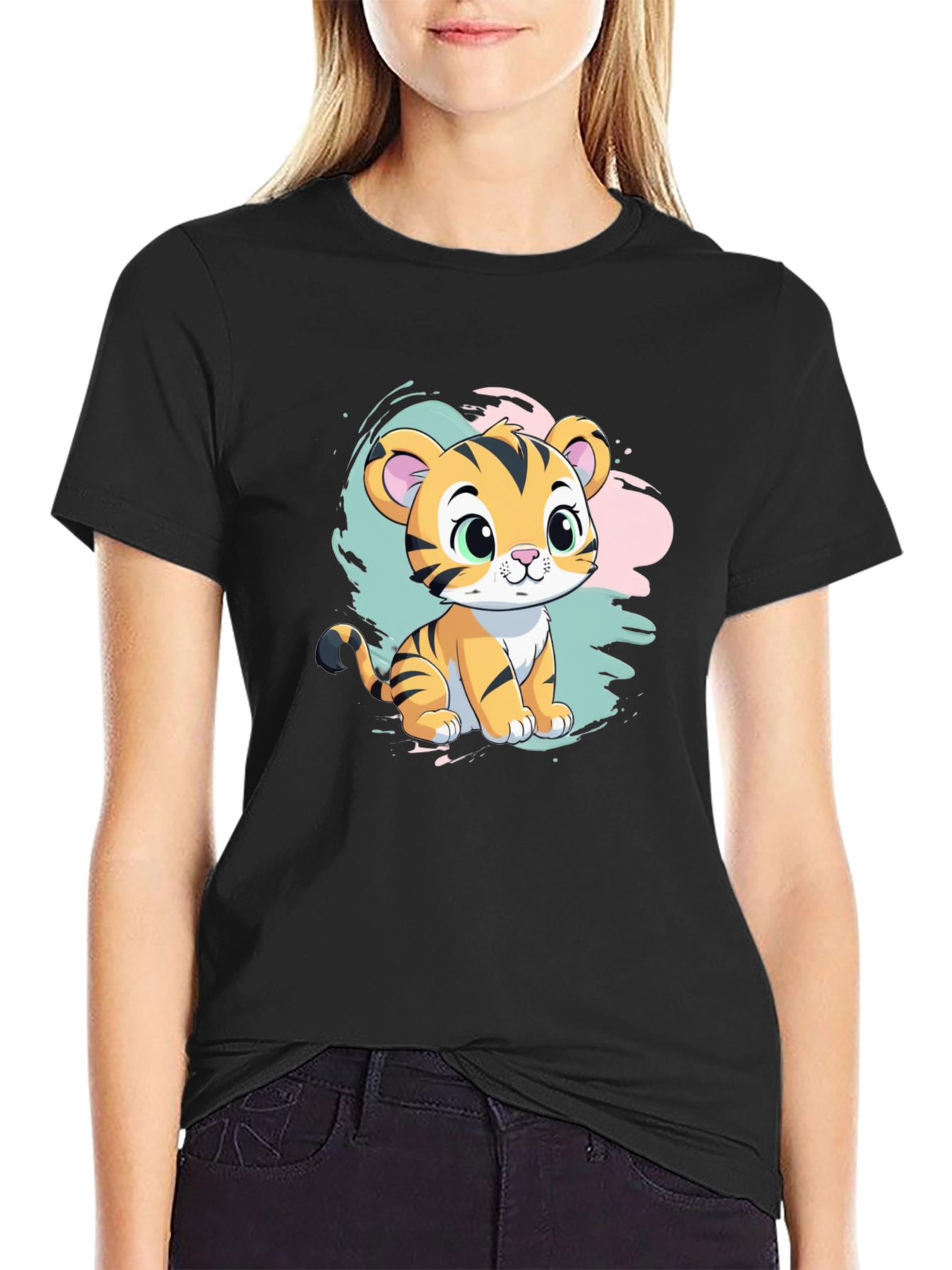 Cute Tiger Cub Graphic T-Shirt - Black