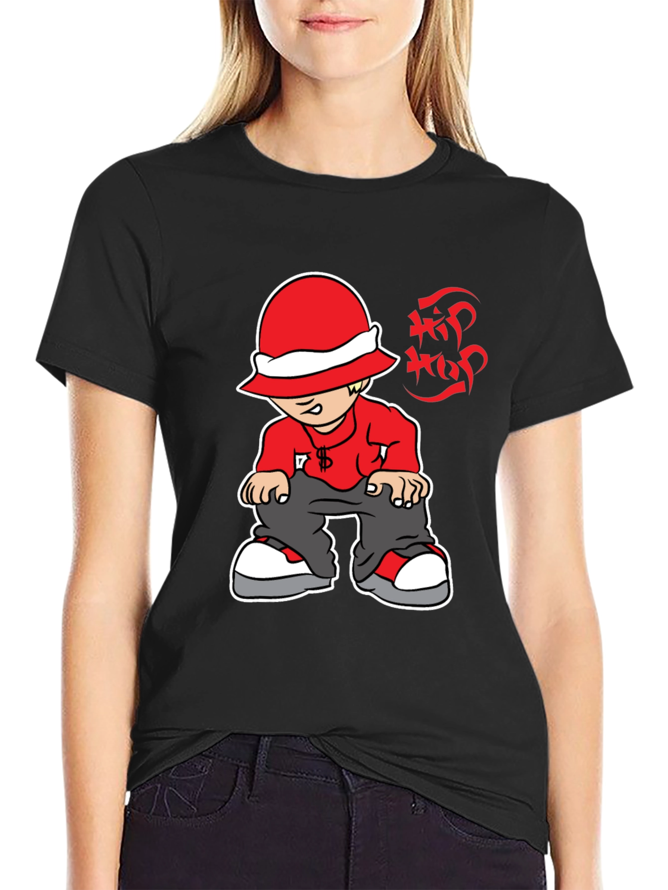 Hip Hop Cartoon Graphic Black T-Shirt