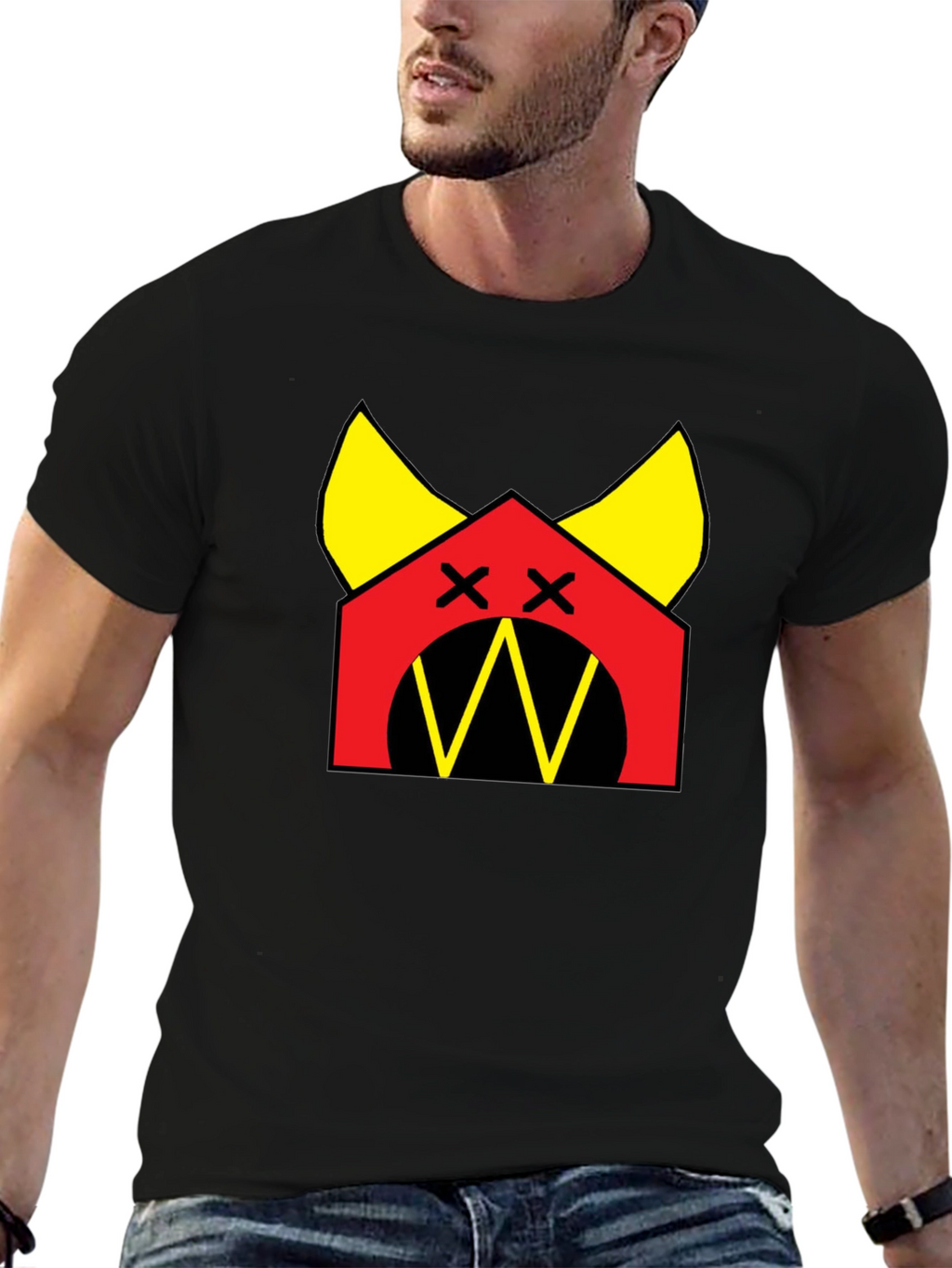 Graphic Tee: Cartoon Dog House Design Black Cotton