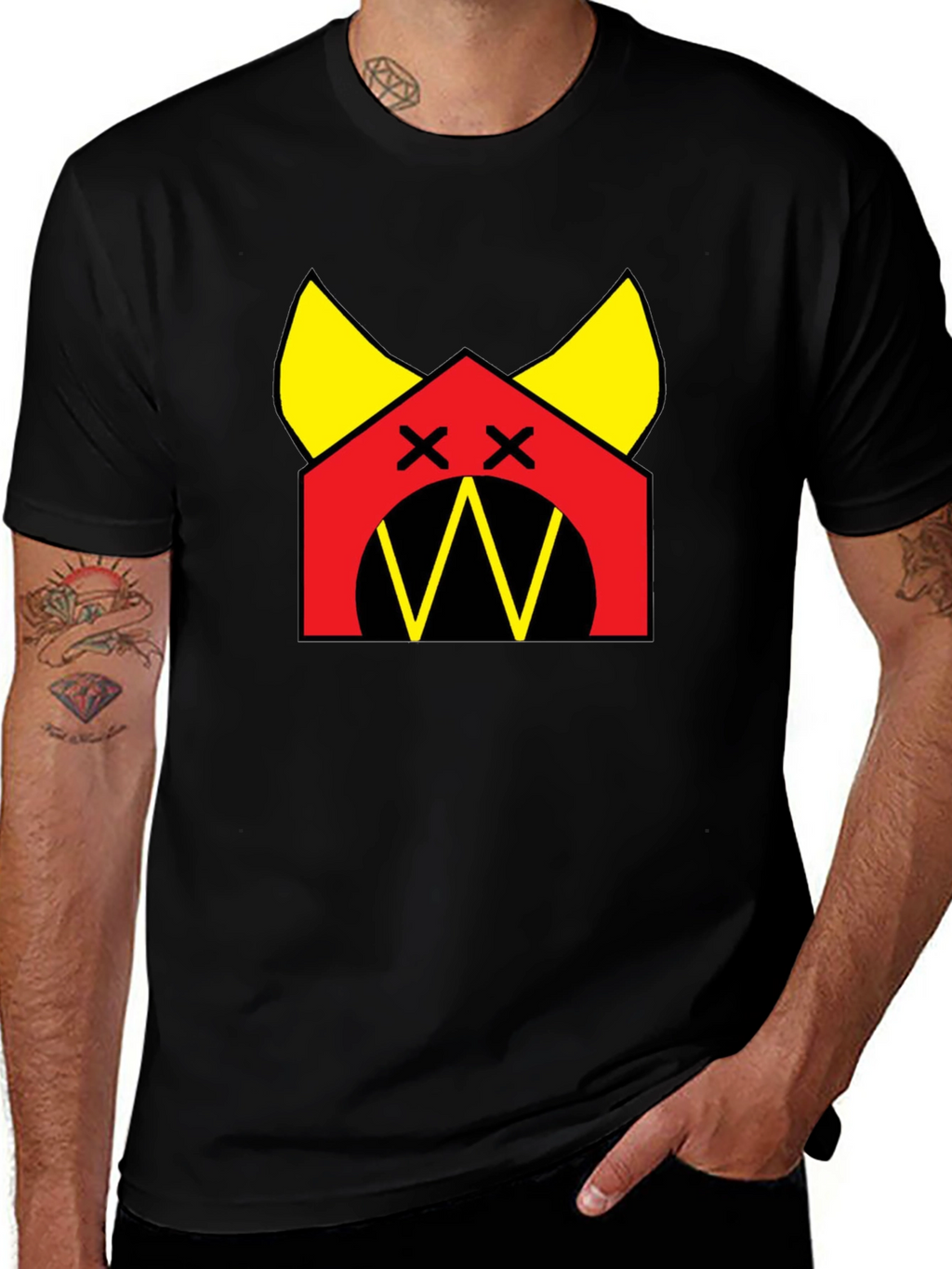 Graphic Tee: Cartoon Dog House Design Black Cotton