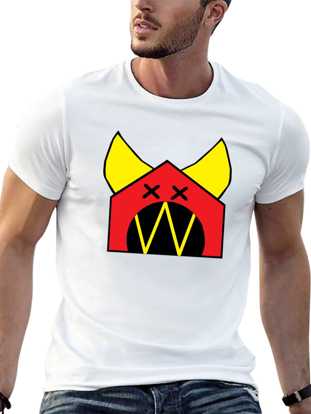 Graphic Tee: Cartoon Dog House Design Black Cotton