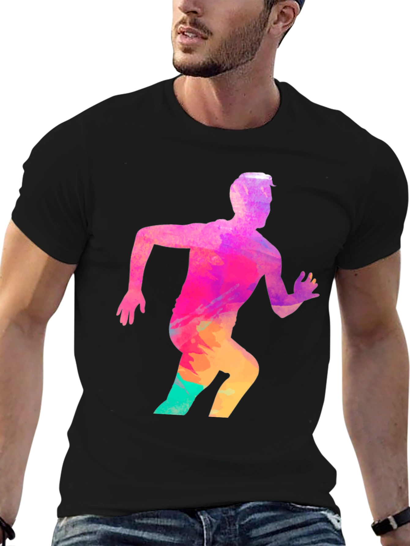 Mens Black Graphic Tee - Running Man Design