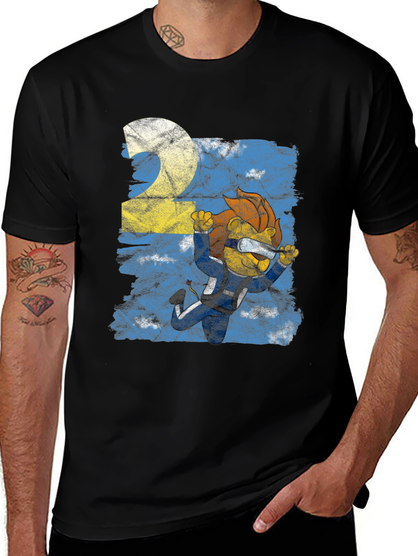 Skydiver Lion Graphic T-Shirt - Black Cotton Tee