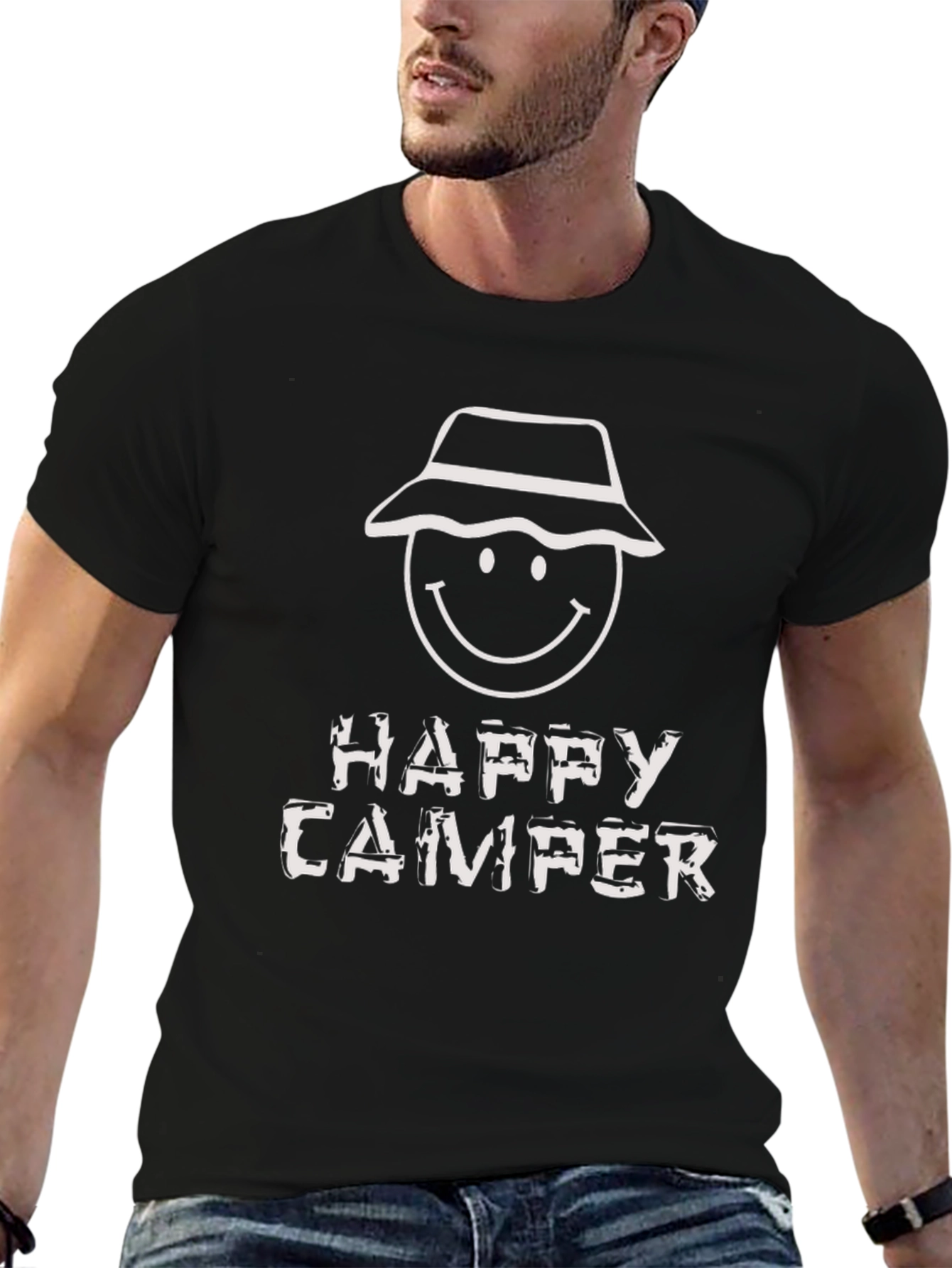 Happy Camper Graphic Tee - Black Cotton T-Shirt