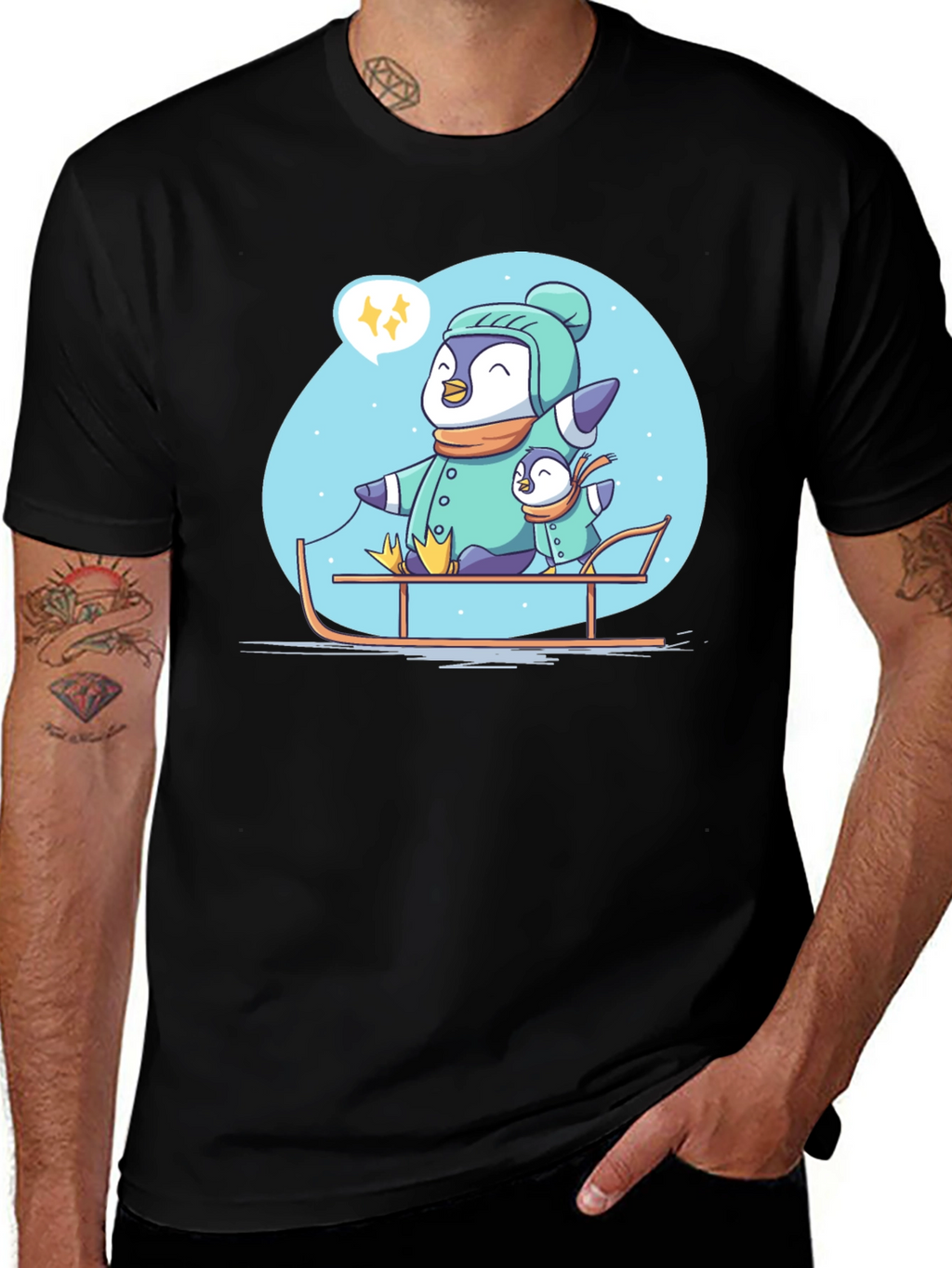 Penguin Family Sledding Graphic Tee