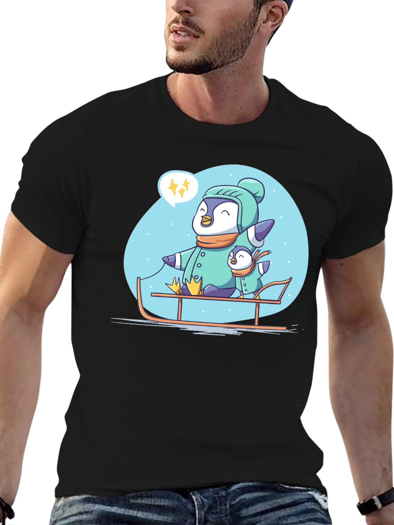 Penguin Family Sledding Graphic Tee