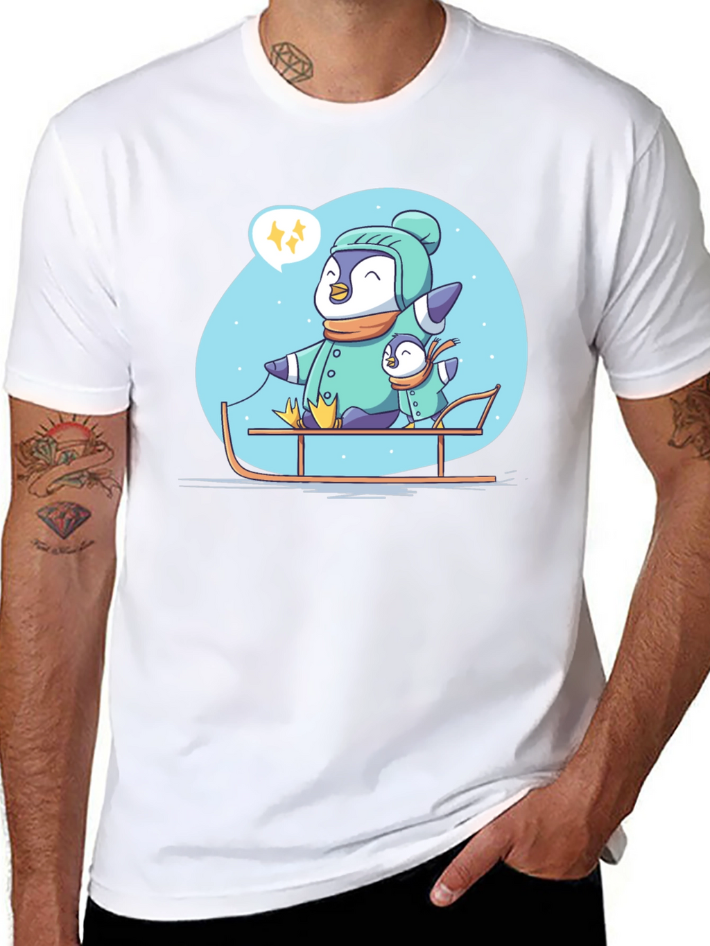 Penguin Family Sledding Graphic Tee